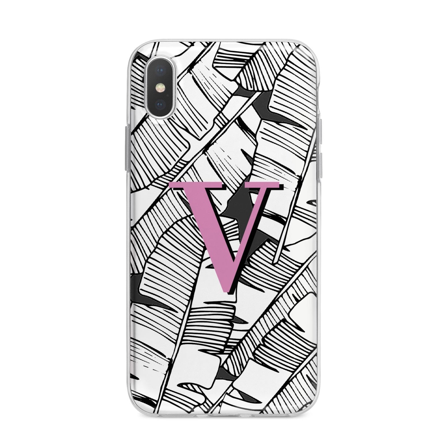 Personalised Monochrome Monstera Pink Initial iPhone X Bumper Case on Silver iPhone Alternative Image 1