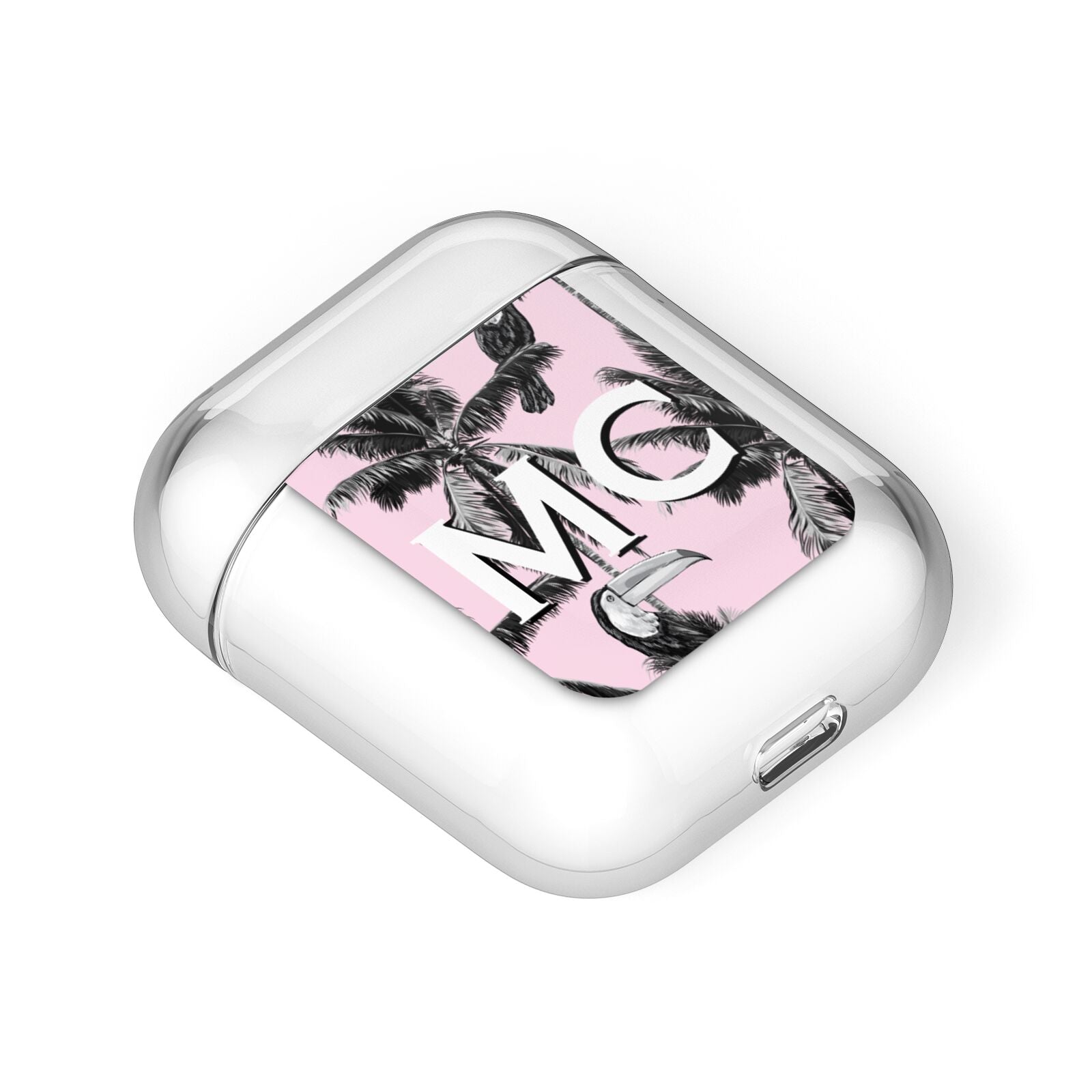 Personalised Monochrome Pink Toucan AirPods Case Laid Flat