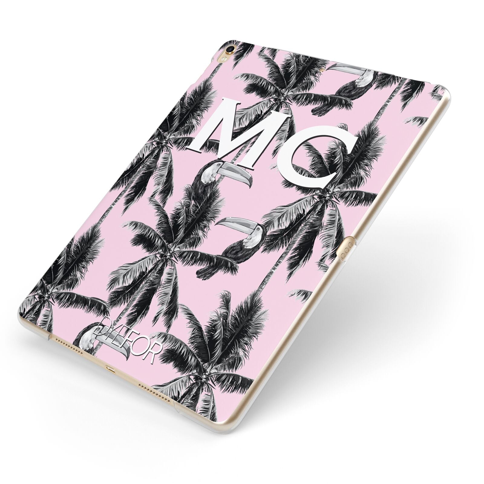 Personalised Monochrome Pink Toucan Apple iPad Case on Gold iPad Side View