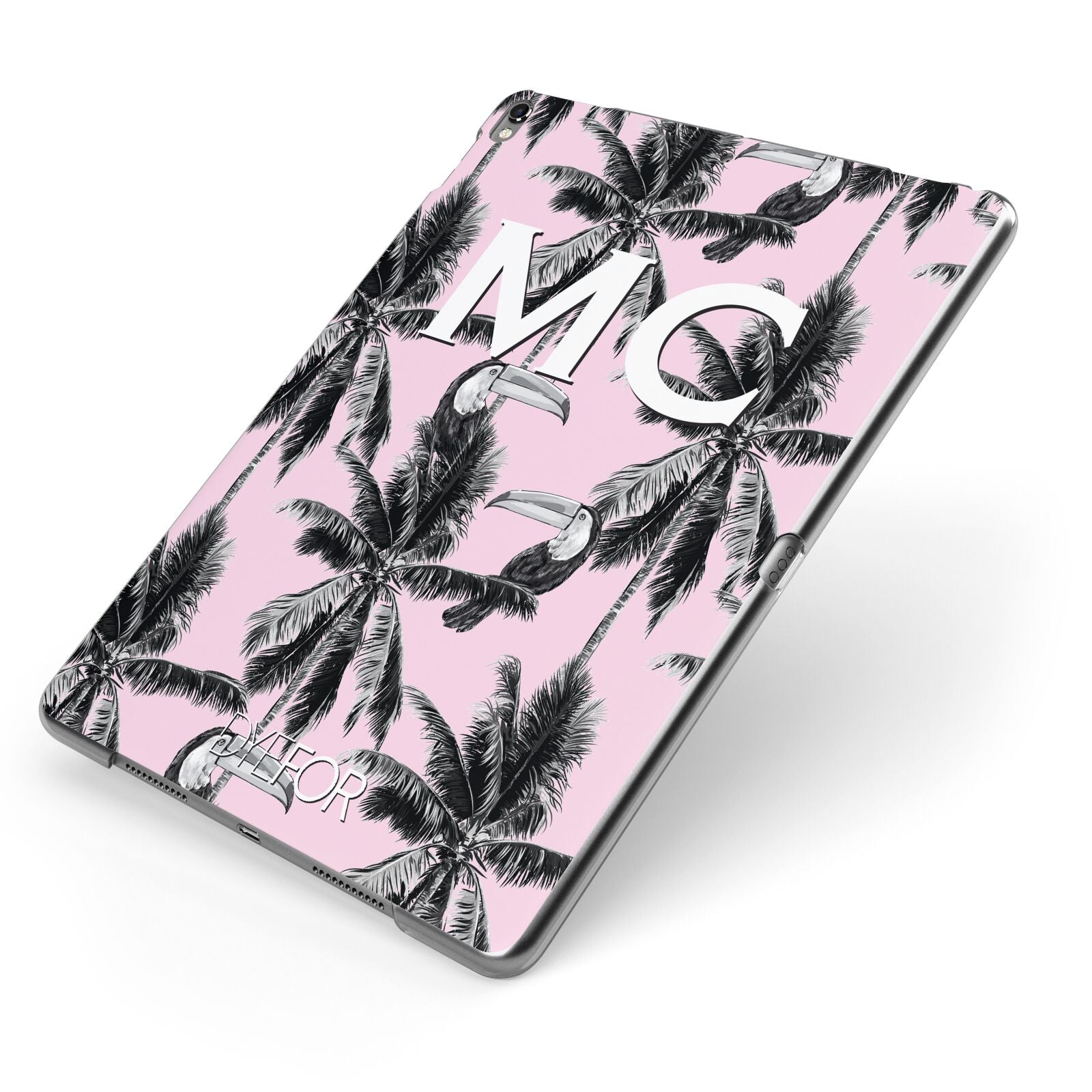 Personalised Monochrome Pink Toucan Apple iPad Case on Grey iPad Side View