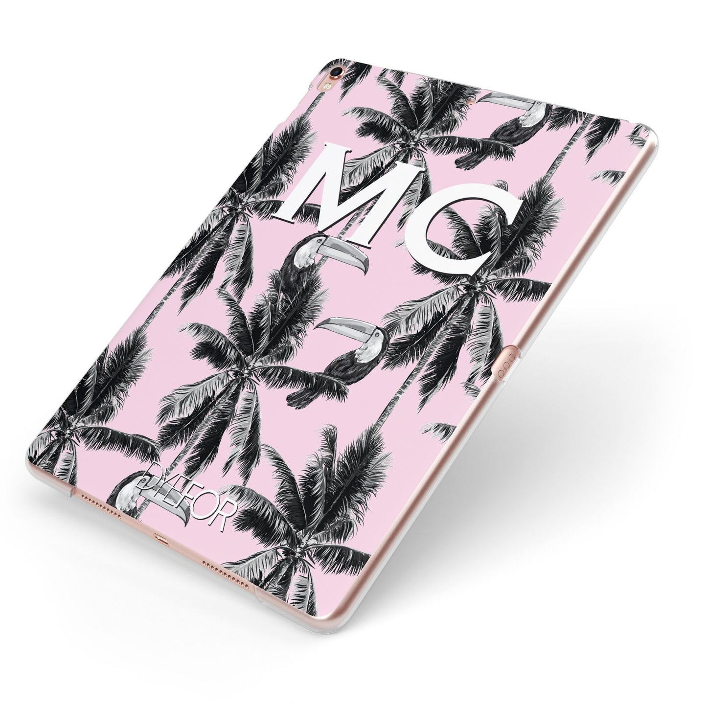 Personalised Monochrome Pink Toucan Apple iPad Case on Rose Gold iPad Side View