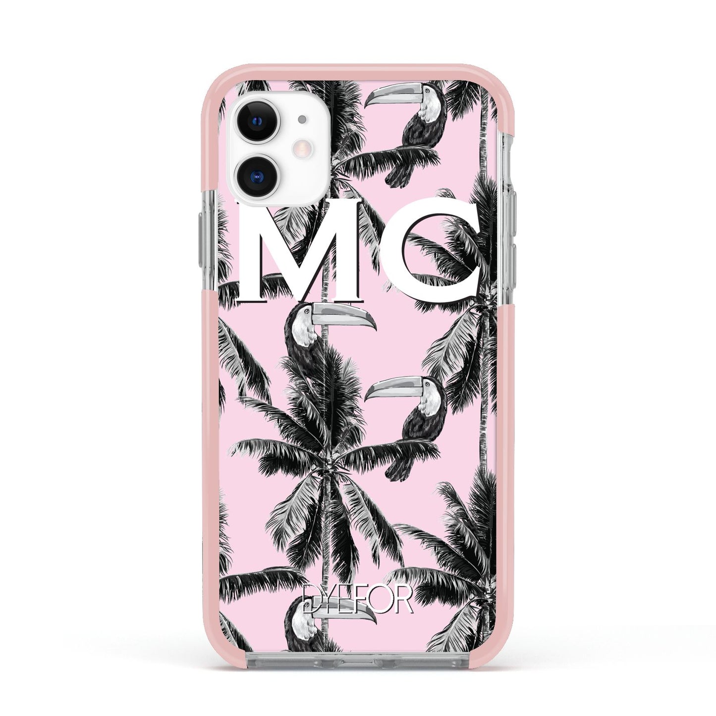 Personalised Monochrome Pink Toucan Apple iPhone 11 in White with Pink Impact Case