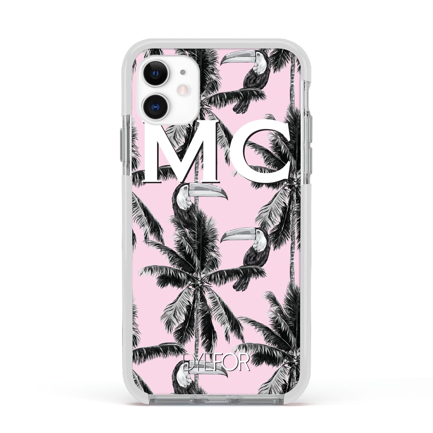 Personalised Monochrome Pink Toucan Apple iPhone 11 in White with White Impact Case