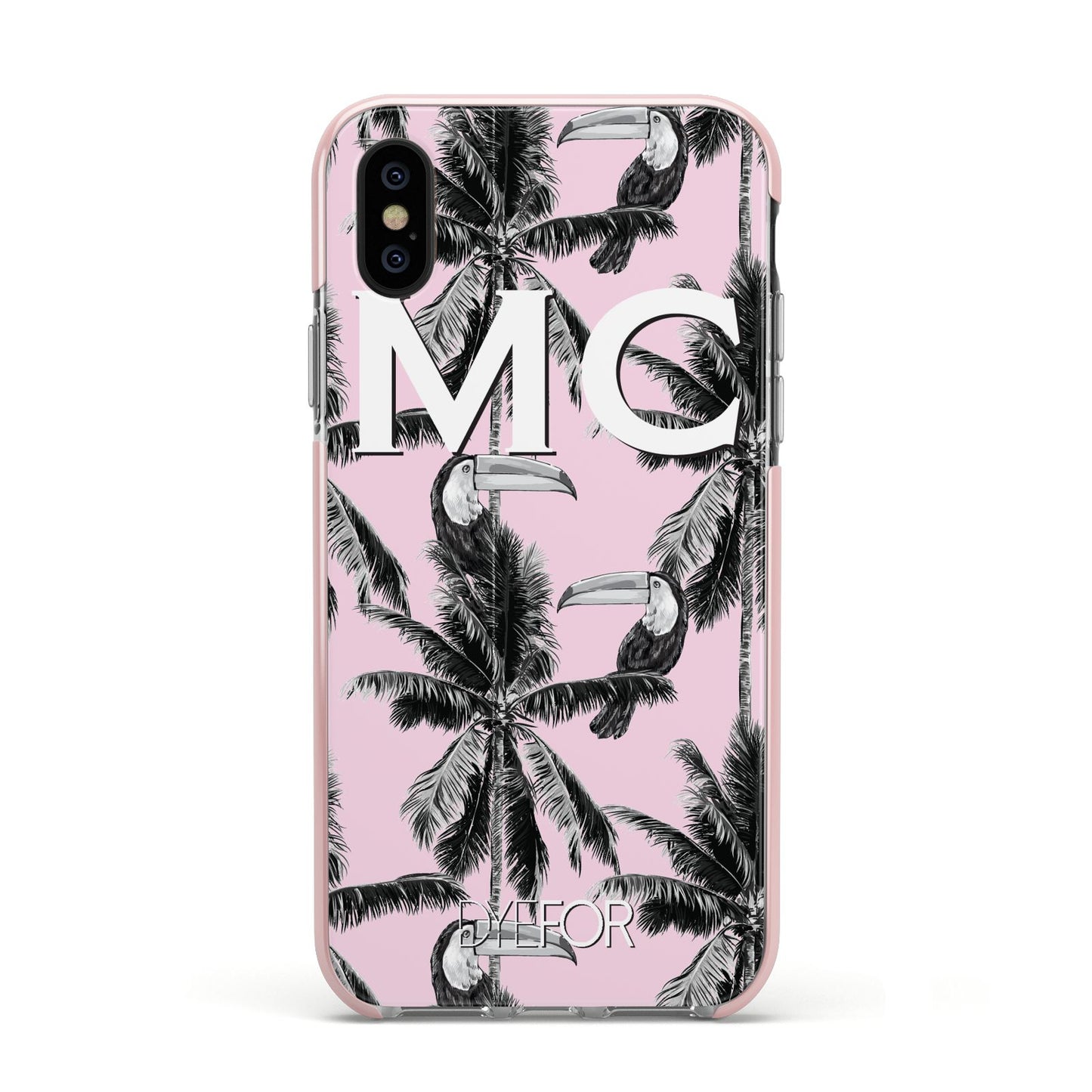 Personalised Monochrome Pink Toucan Apple iPhone Xs Impact Case Pink Edge on Black Phone