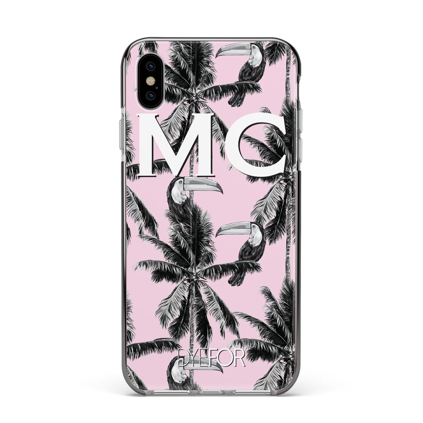 Personalised Monochrome Pink Toucan Apple iPhone Xs Max Impact Case Black Edge on Silver Phone