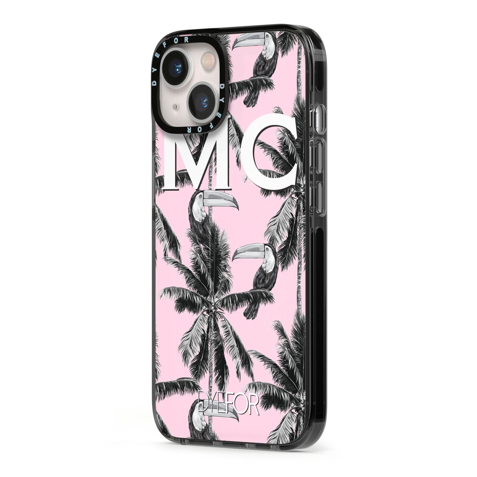 Personalised Monochrome Pink Toucan iPhone 13 Black Impact Case Side Angle on Silver phone