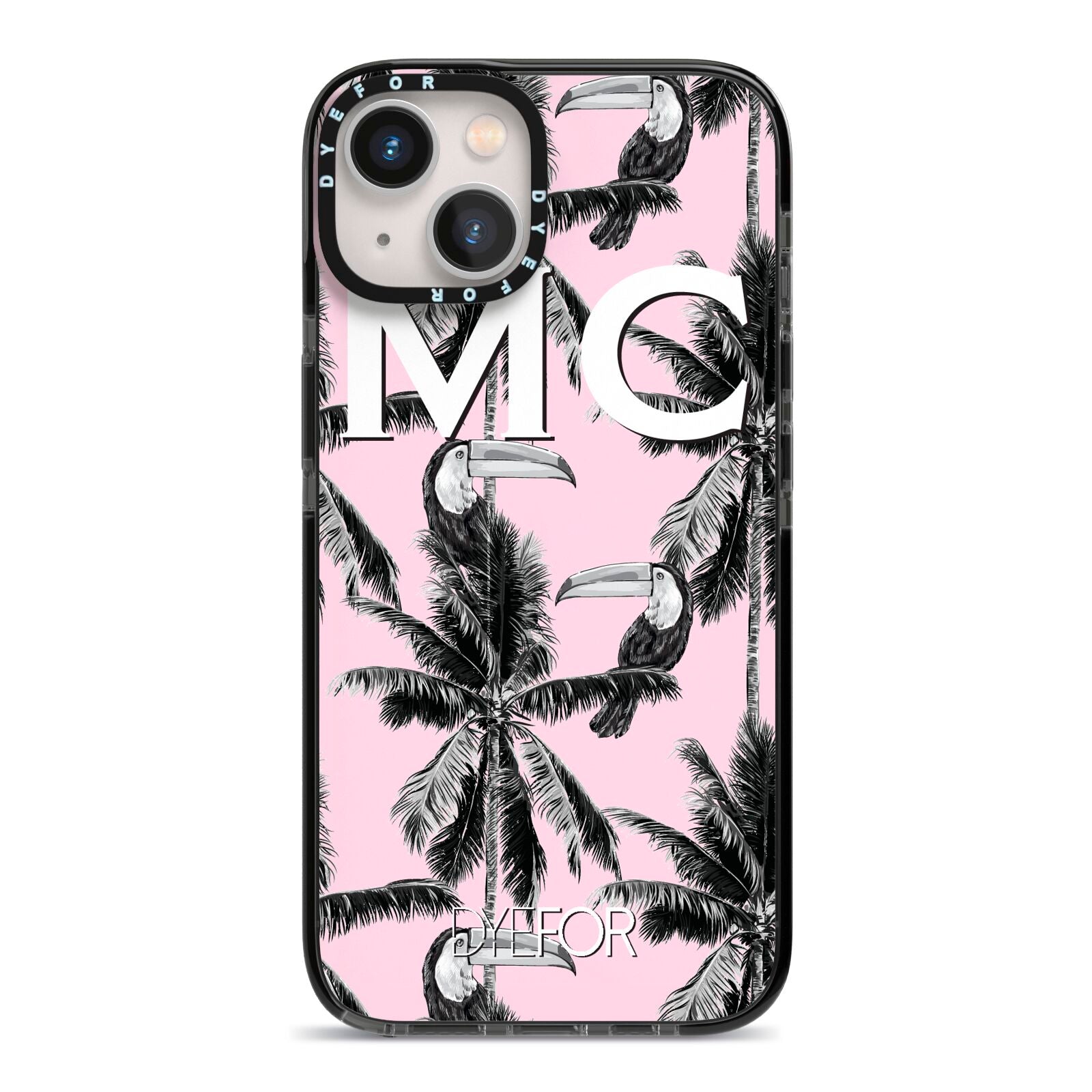 Personalised Monochrome Pink Toucan iPhone 13 Black Impact Case on Silver phone