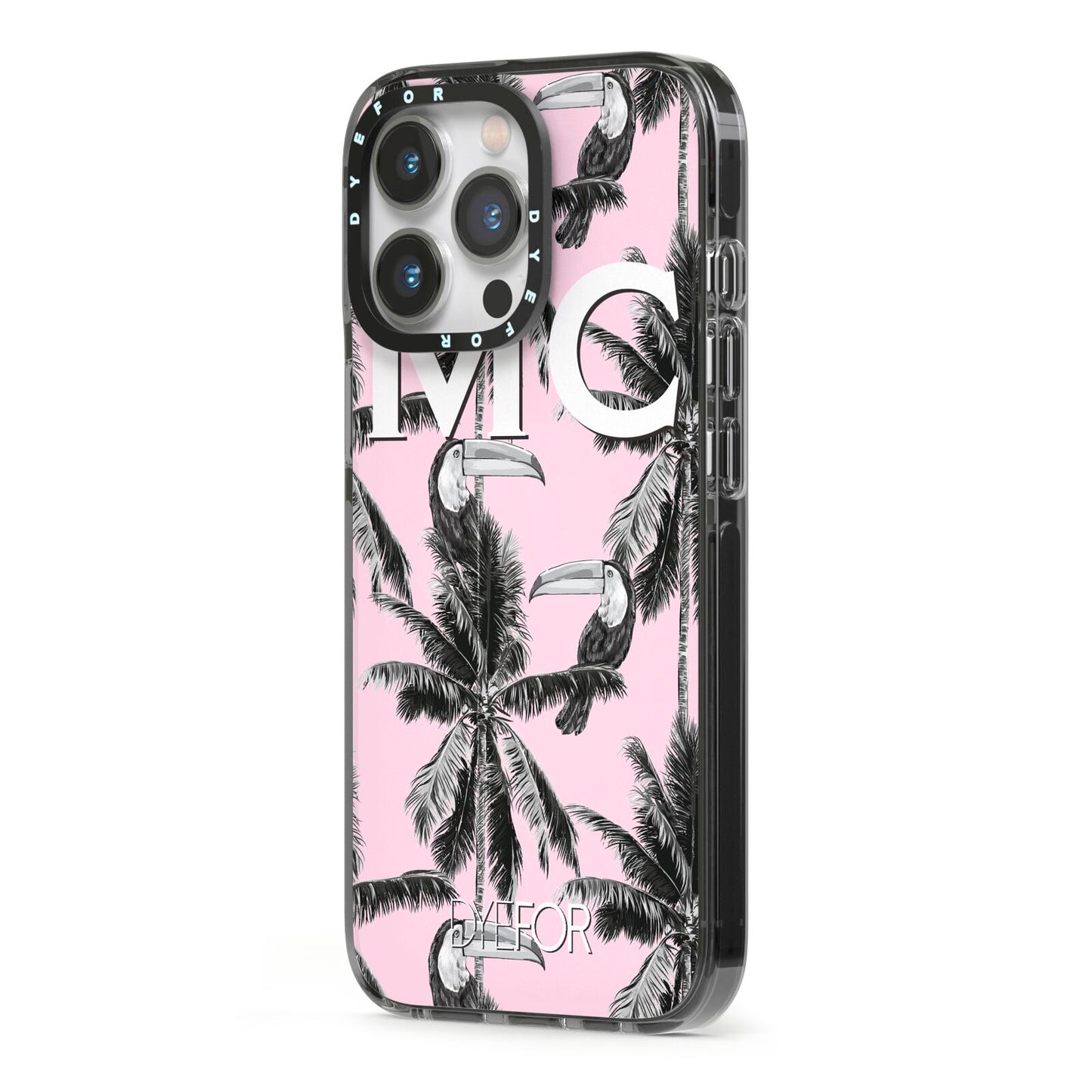 Personalised Monochrome Pink Toucan iPhone 13 Pro Black Impact Case Side Angle on Silver phone