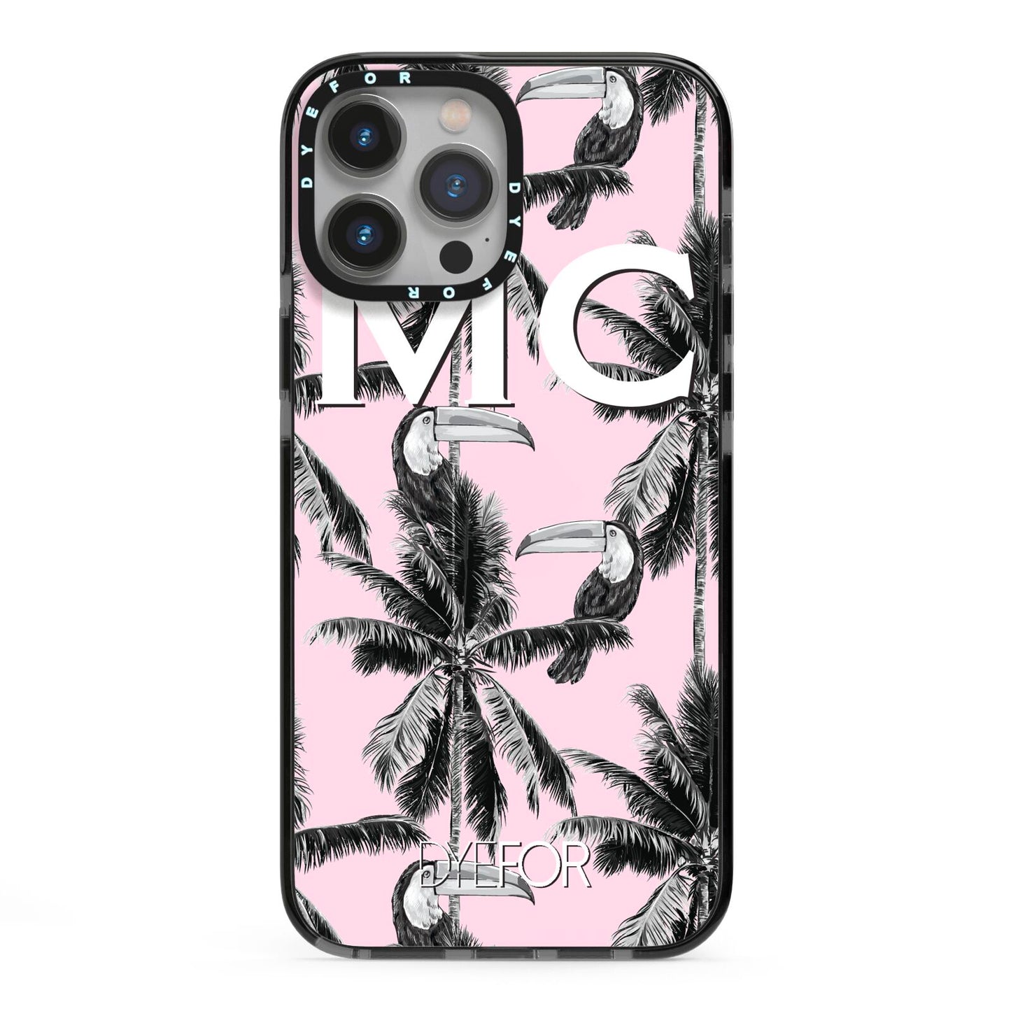 Personalised Monochrome Pink Toucan iPhone 13 Pro Max Black Impact Case on Silver phone