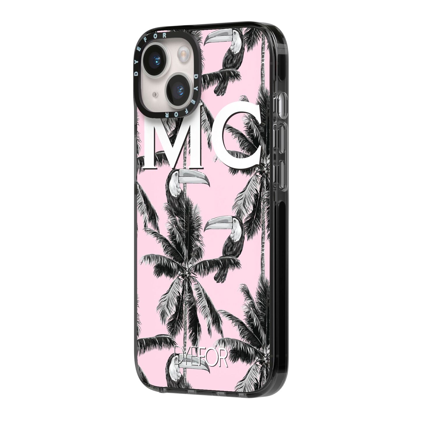 Personalised Monochrome Pink Toucan iPhone 14 Black Impact Case Side Angle on Silver phone