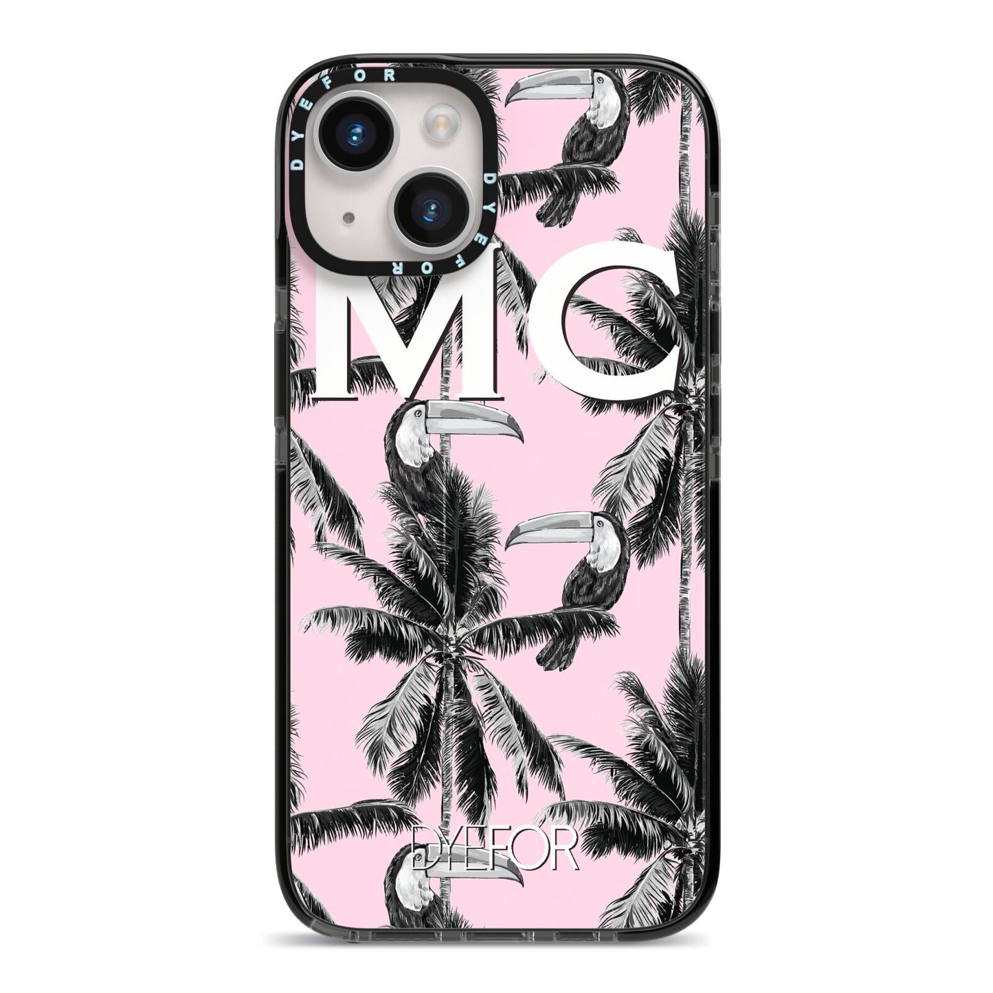 Personalised Monochrome Pink Toucan iPhone 14 Black Impact Case on Silver phone