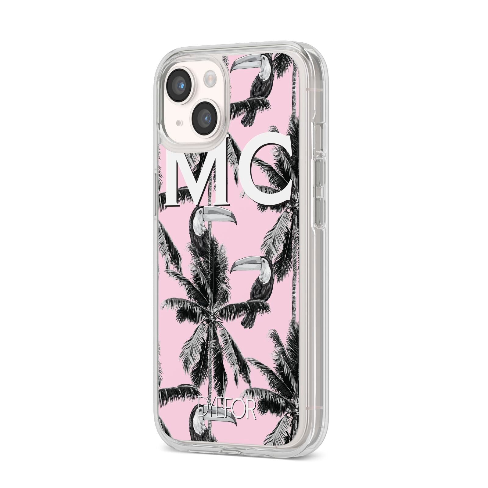 Personalised Monochrome Pink Toucan iPhone 14 Clear Tough Case Starlight Angled Image