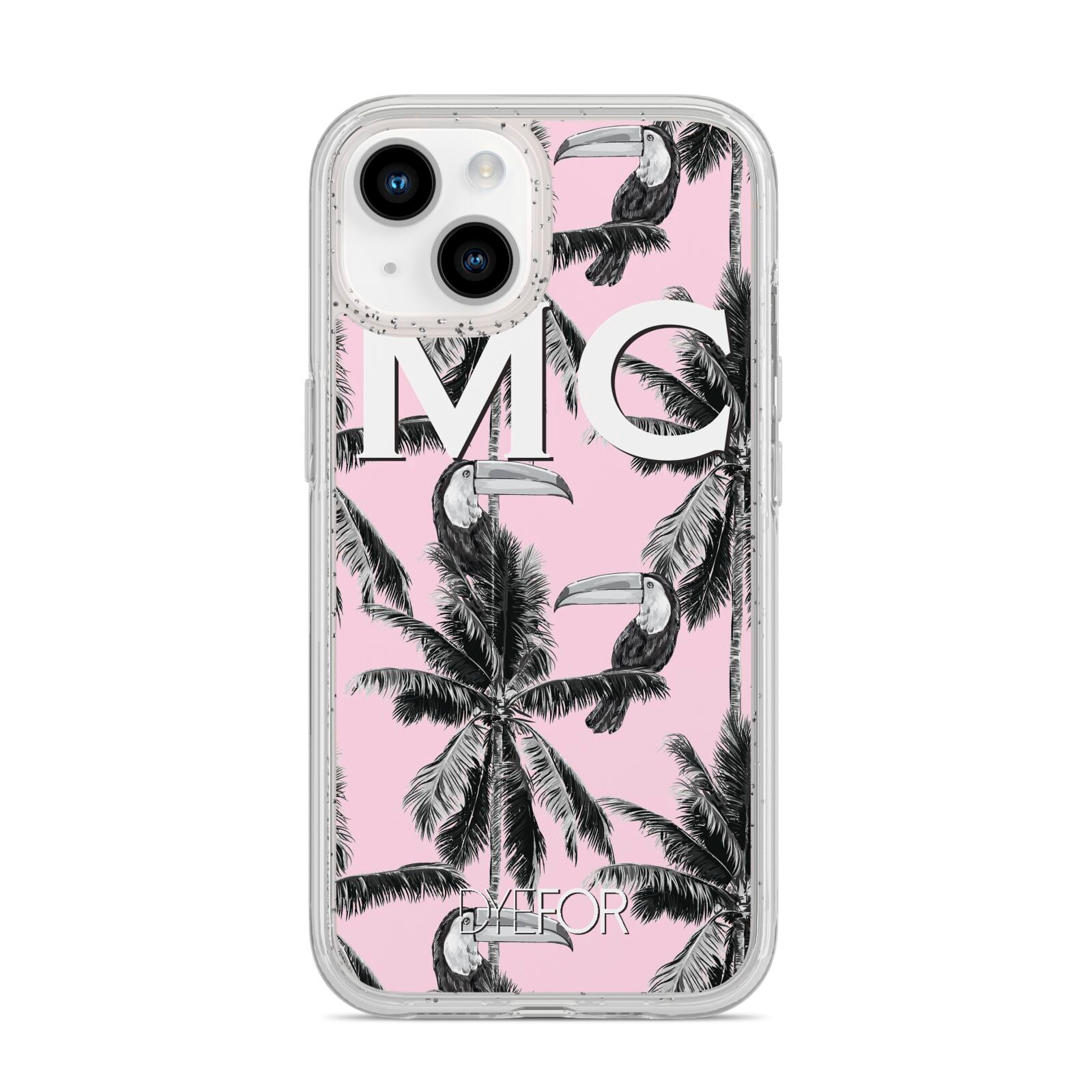 Personalised Monochrome Pink Toucan iPhone 14 Glitter Tough Case Starlight