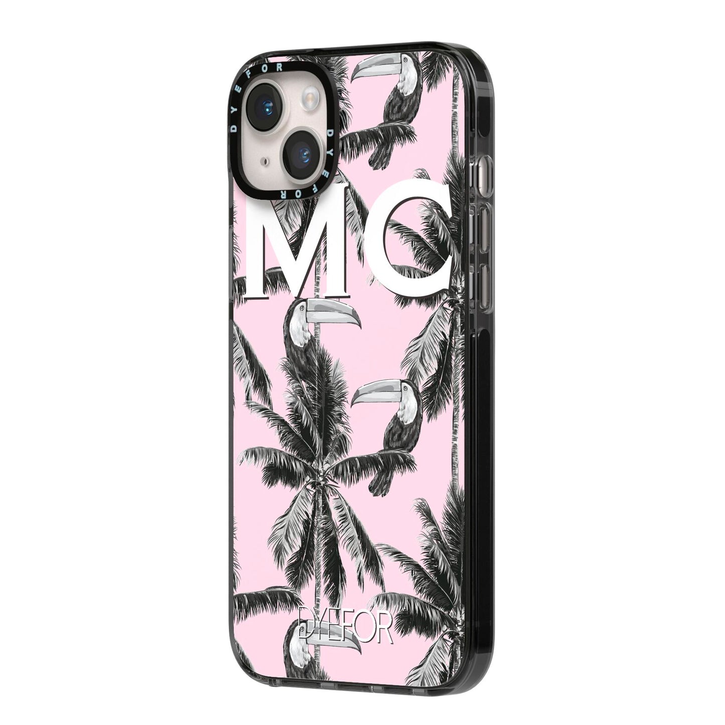 Personalised Monochrome Pink Toucan iPhone 14 Plus Black Impact Case Side Angle on Silver phone