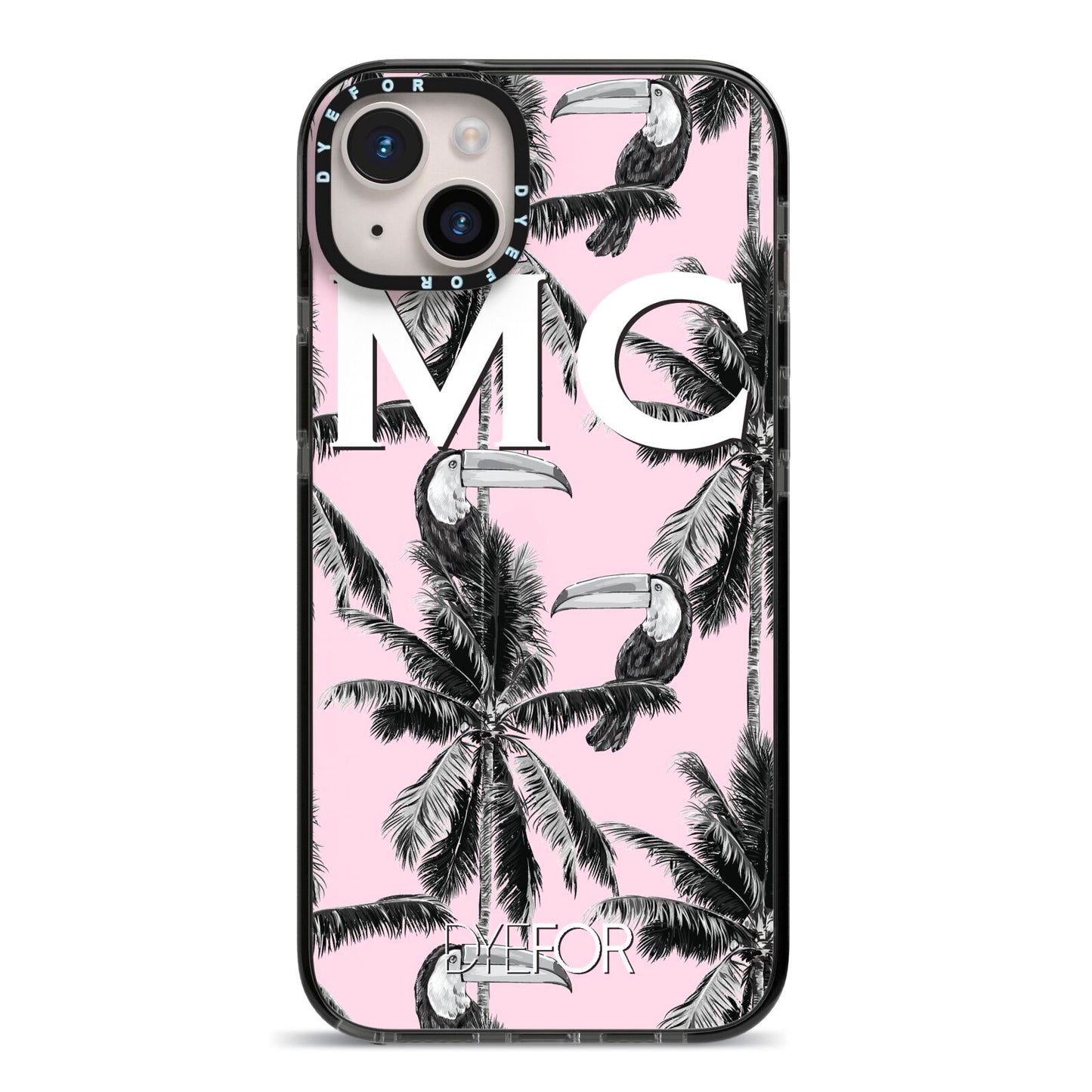 Personalised Monochrome Pink Toucan iPhone 14 Plus Black Impact Case on Silver phone