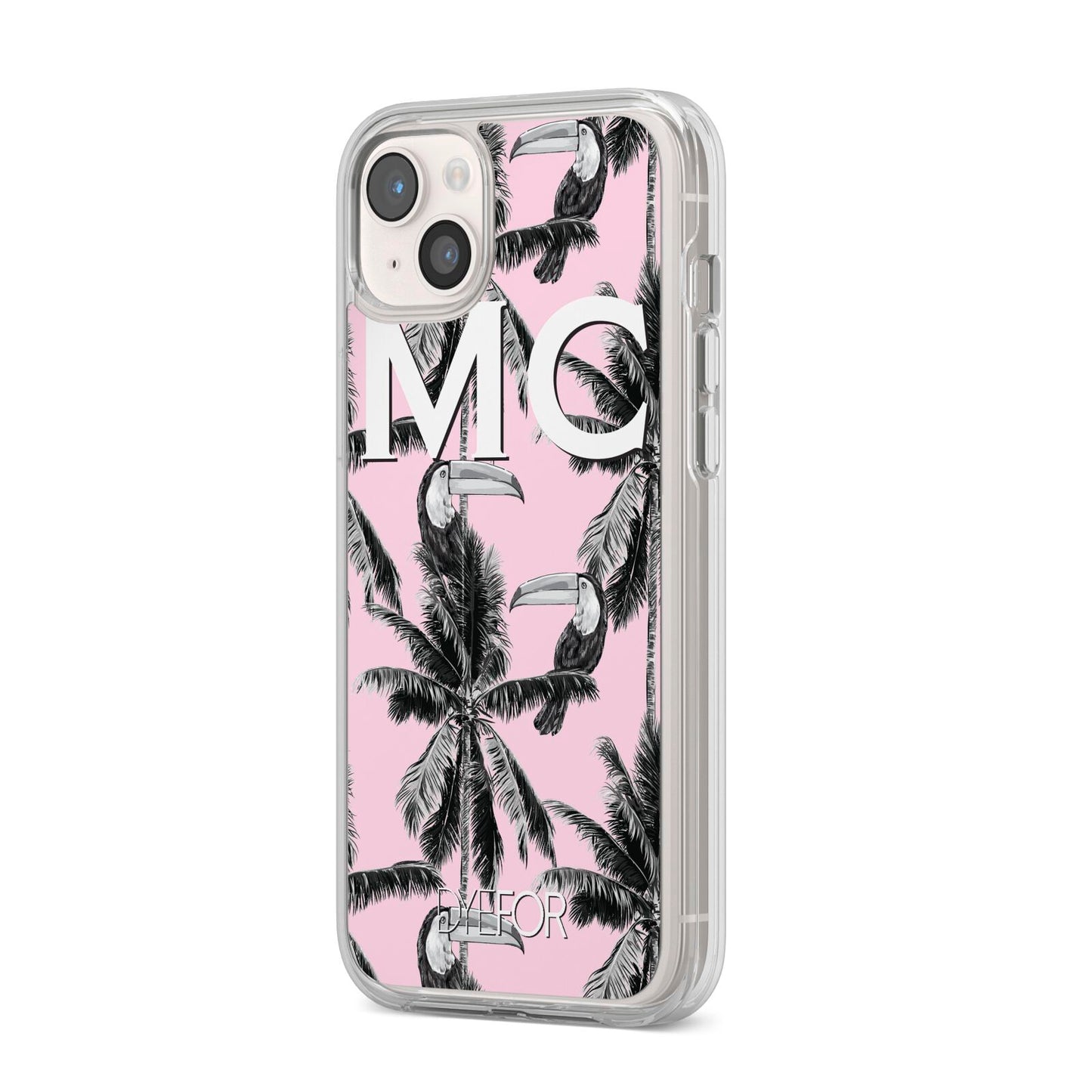 Personalised Monochrome Pink Toucan iPhone 14 Plus Clear Tough Case Starlight Angled Image