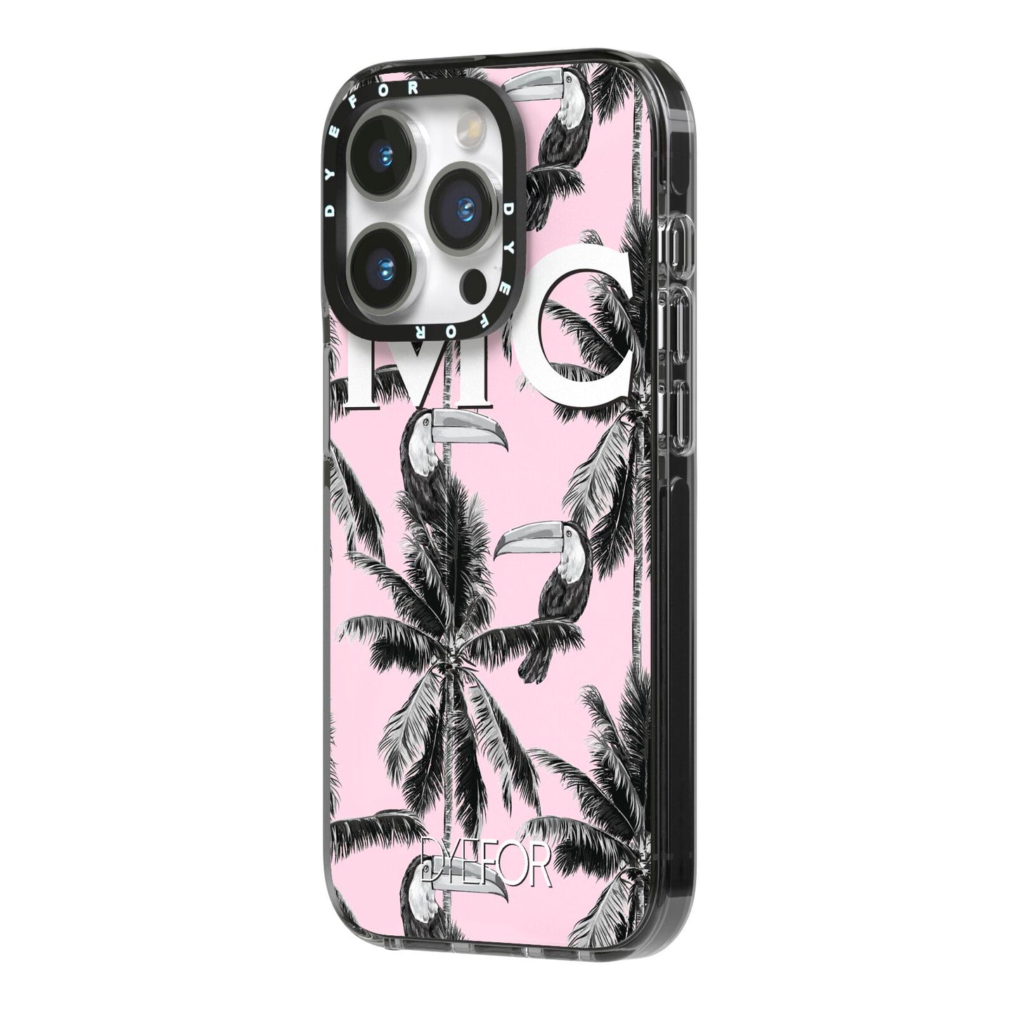 Personalised Monochrome Pink Toucan iPhone 14 Pro Black Impact Case Side Angle on Silver phone