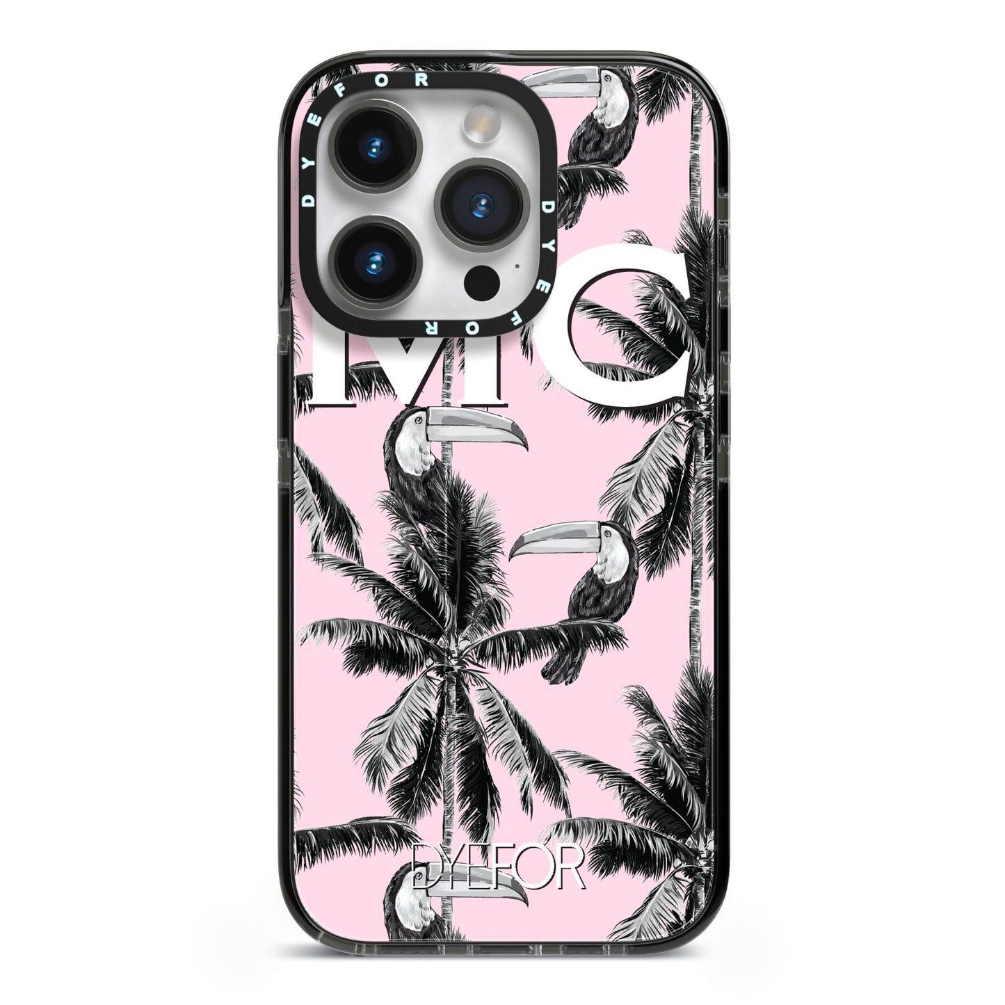 Personalised Monochrome Pink Toucan iPhone 14 Pro Black Impact Case on Silver phone