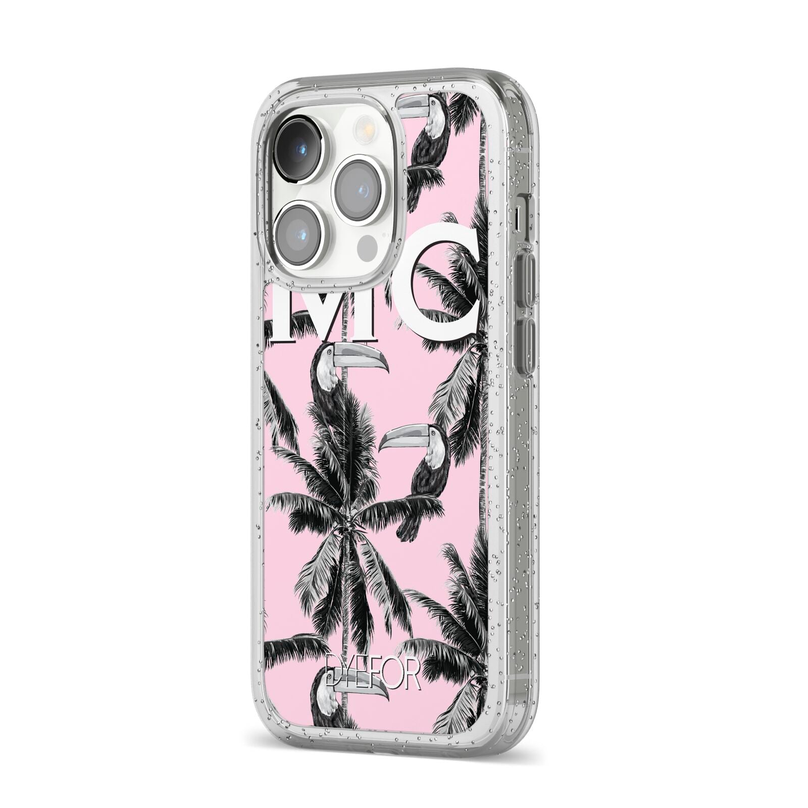 Personalised Monochrome Pink Toucan iPhone 14 Pro Glitter Tough Case Silver Angled Image