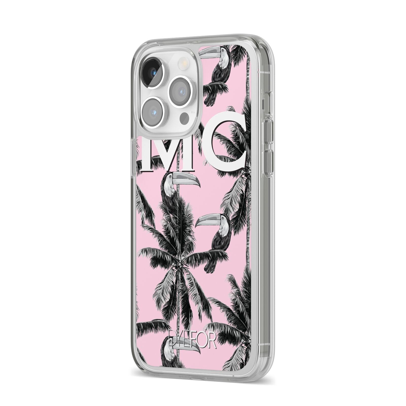 Personalised Monochrome Pink Toucan iPhone 14 Pro Max Clear Tough Case Silver Angled Image