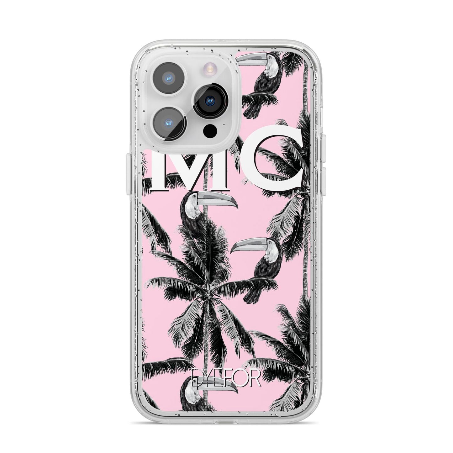 Personalised Monochrome Pink Toucan iPhone 14 Pro Max Glitter Tough Case Silver