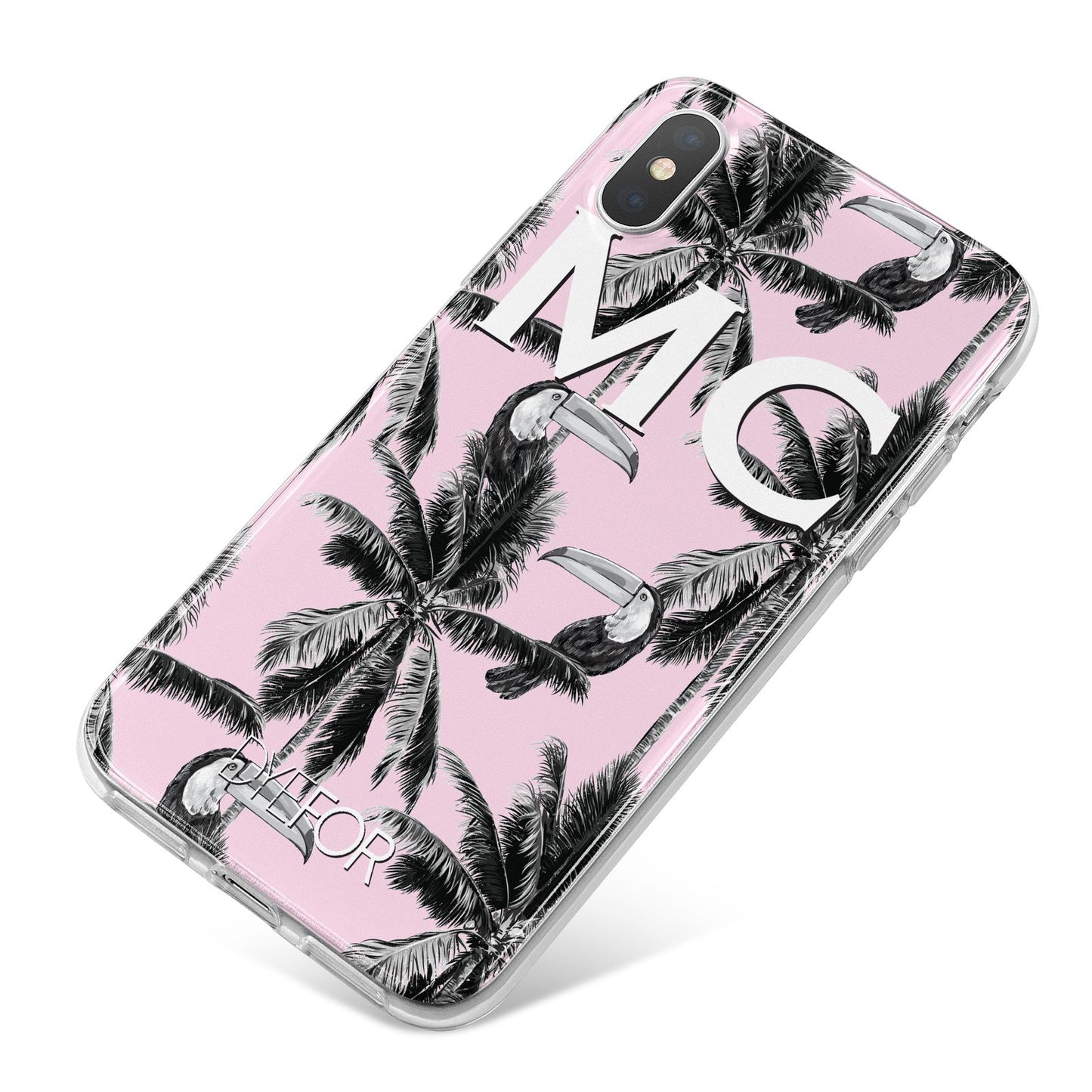 Personalised Monochrome Pink Toucan iPhone X Bumper Case on Silver iPhone