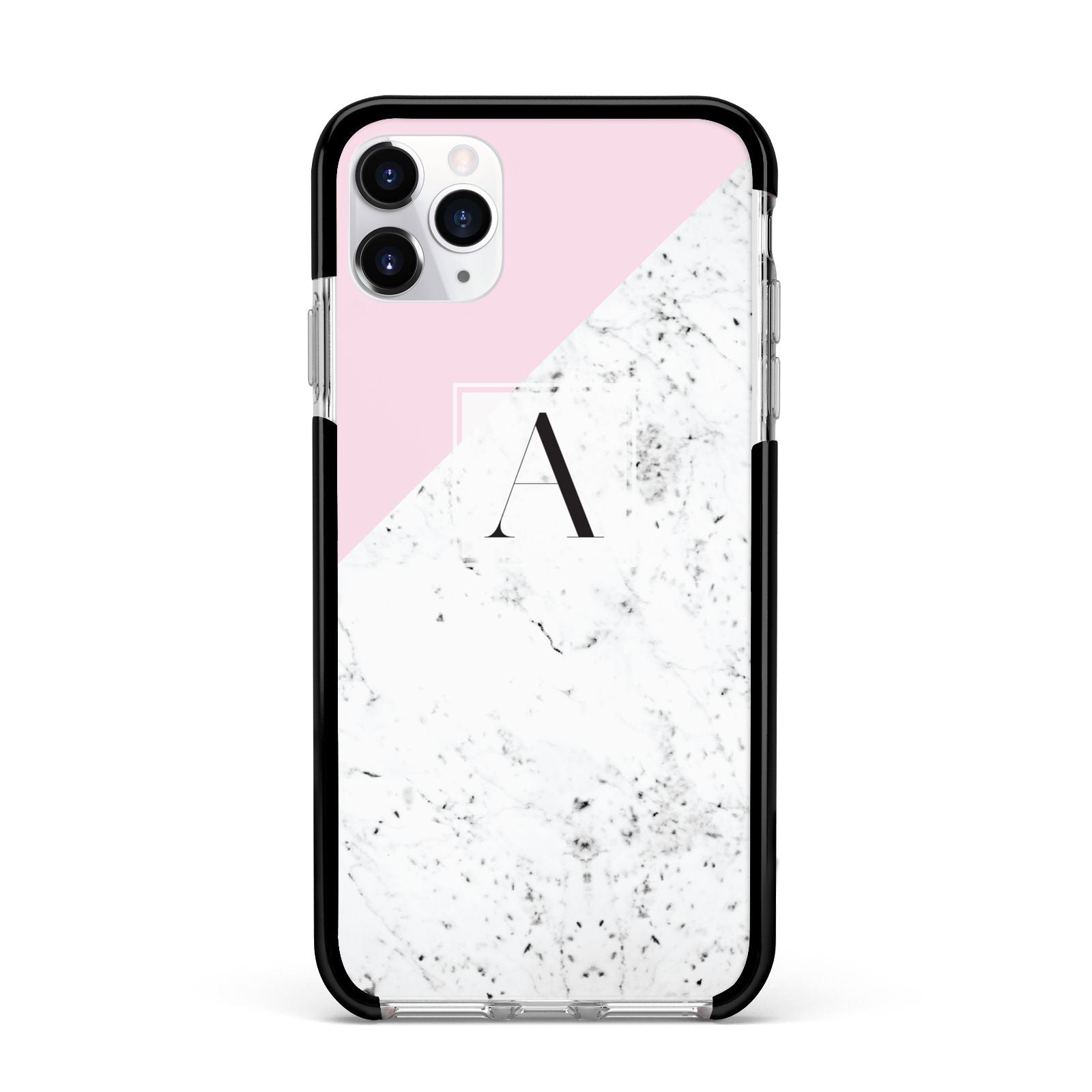 Personalised Monogram Initial Letter Marble Apple iPhone 11 Pro Max in Silver with Black Impact Case