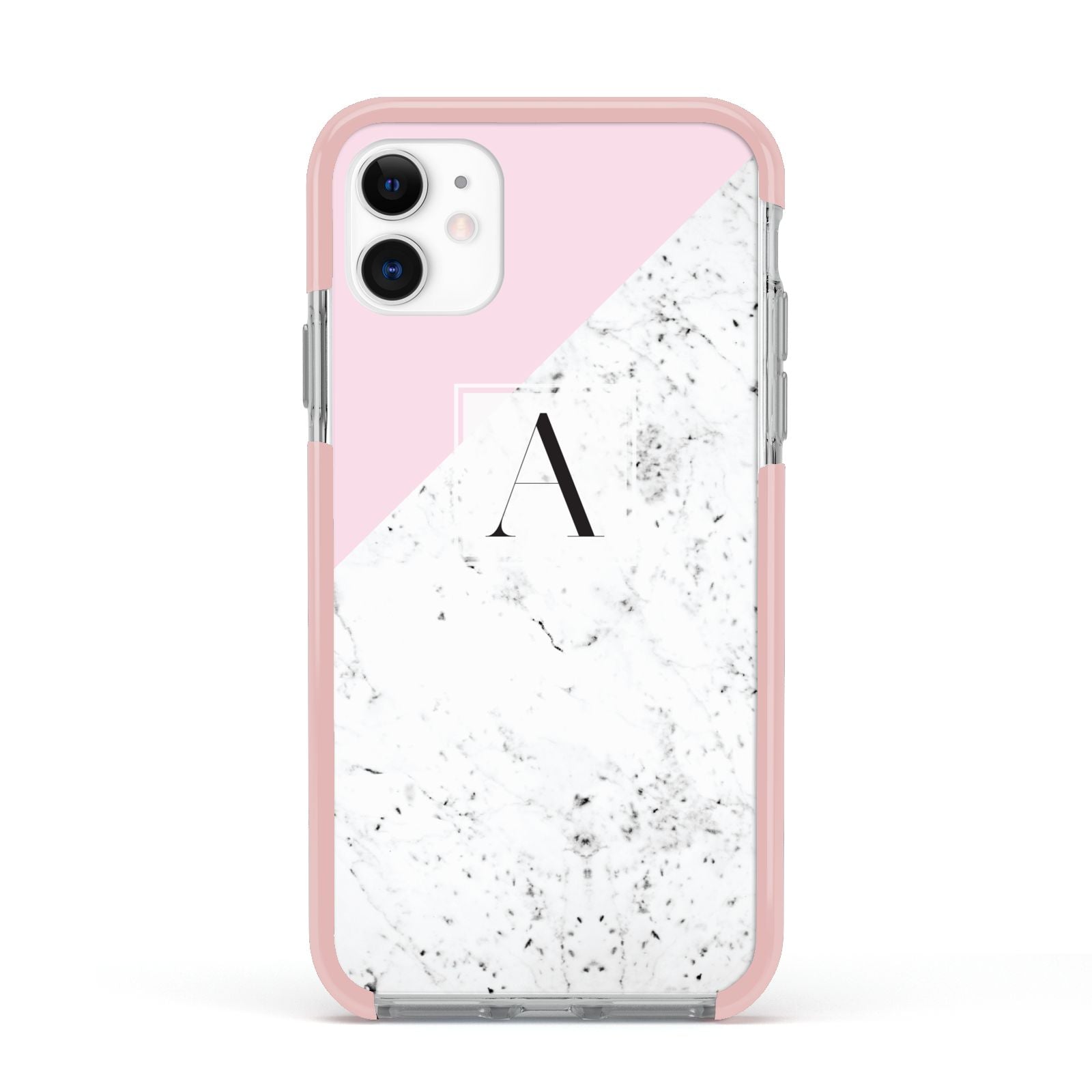 Personalised Monogram Initial Letter Marble Apple iPhone 11 in White with Pink Impact Case