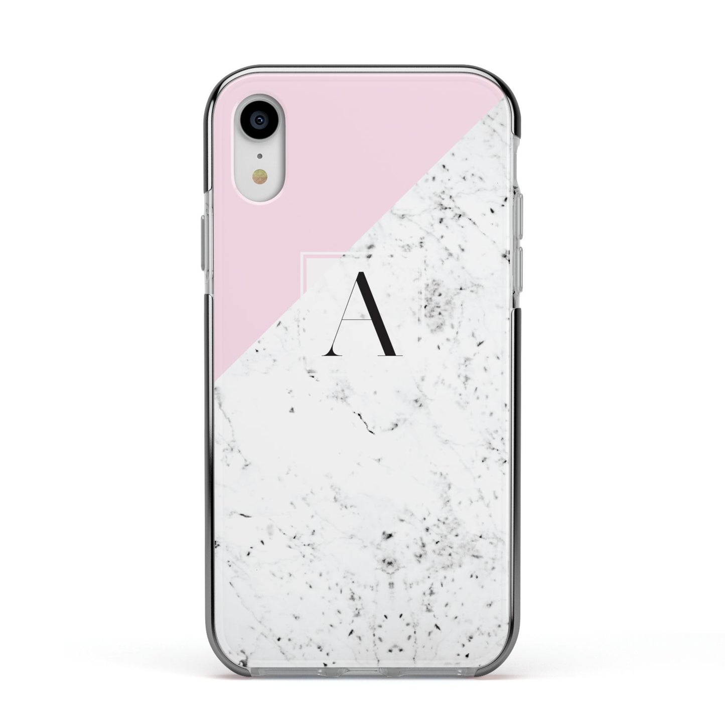 Personalised Monogram Initial Letter Marble Apple iPhone XR Impact Case Black Edge on Silver Phone