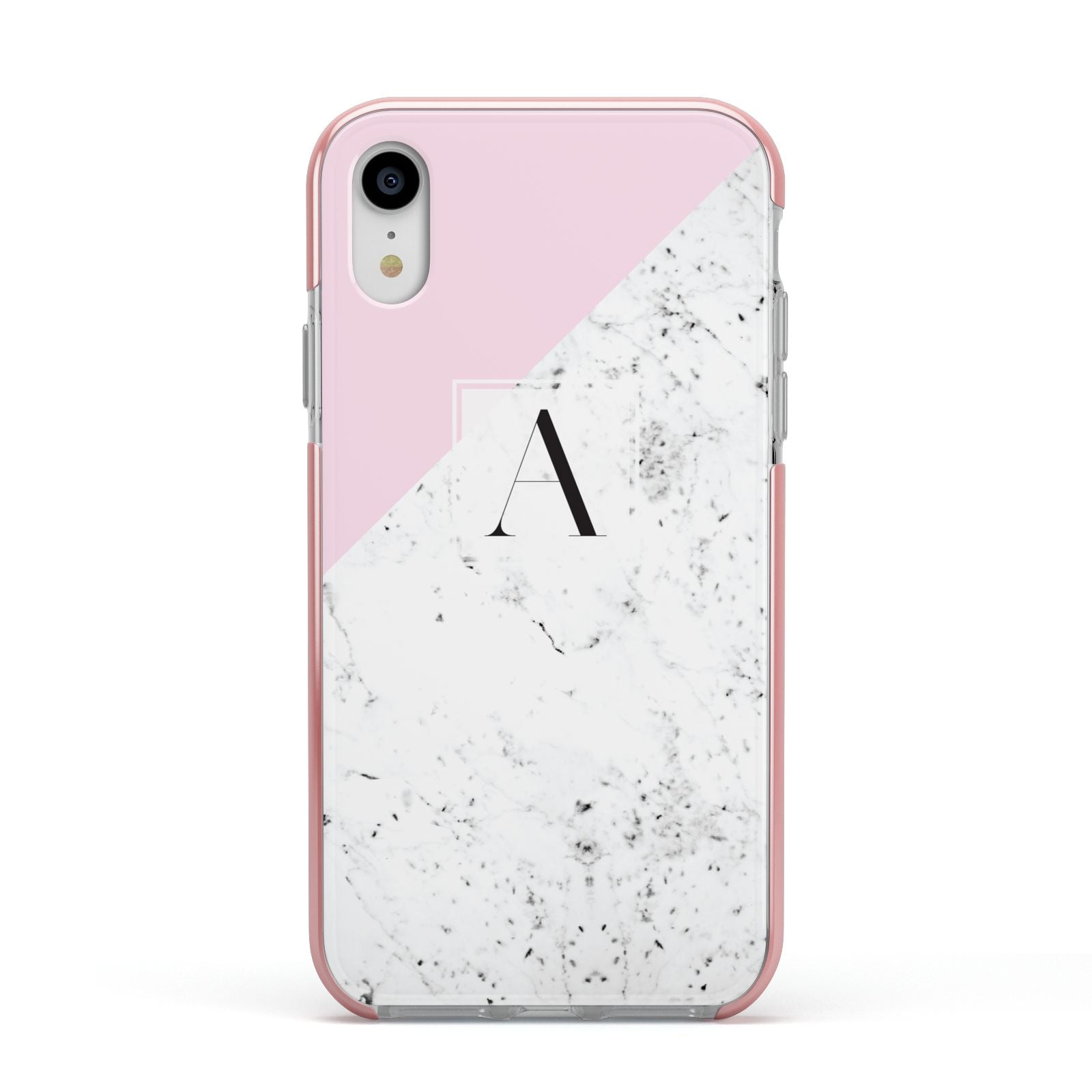 Personalised Monogram Initial Letter Marble Apple iPhone XR Impact Case Pink Edge on Silver Phone