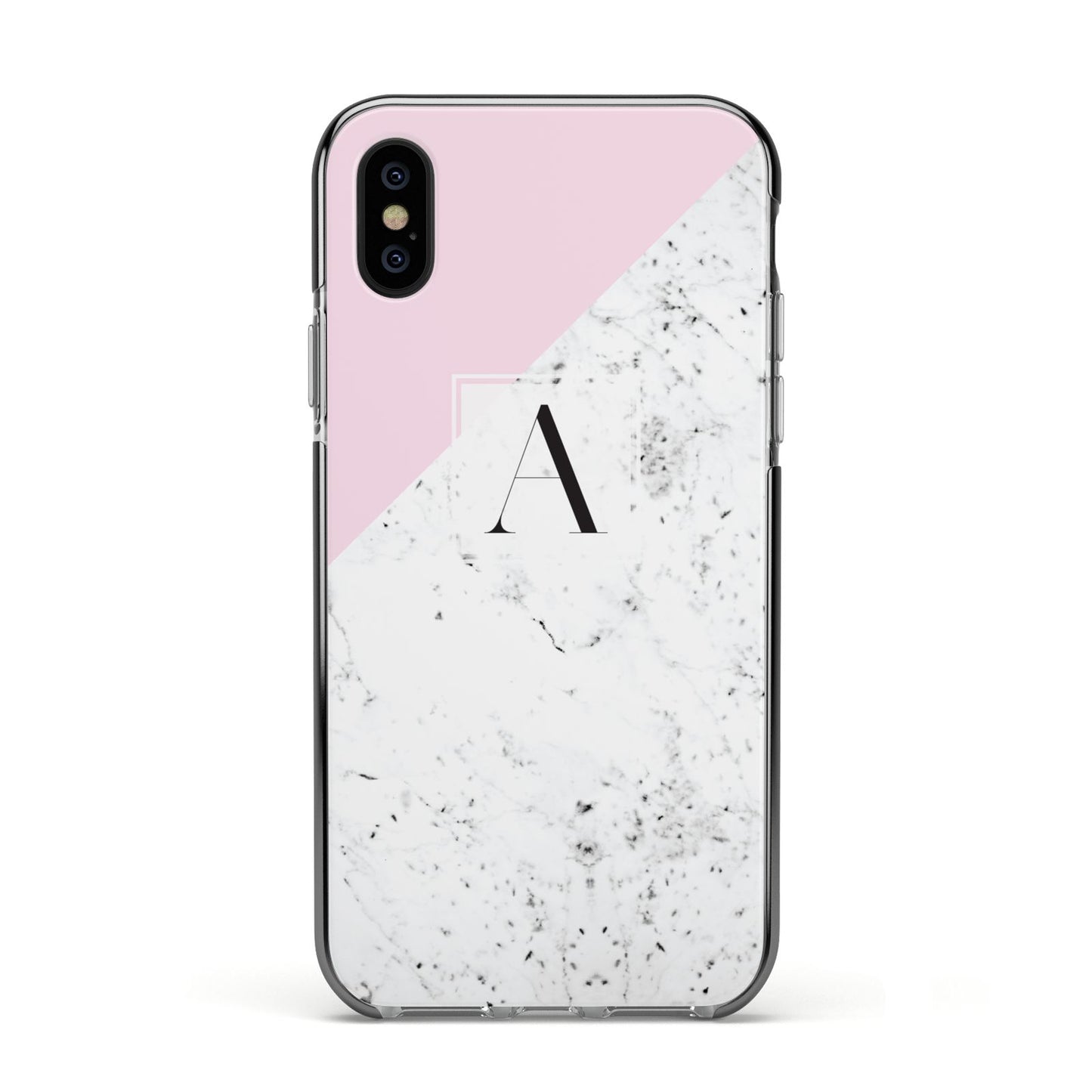 Personalised Monogram Initial Letter Marble Apple iPhone Xs Impact Case Black Edge on Black Phone