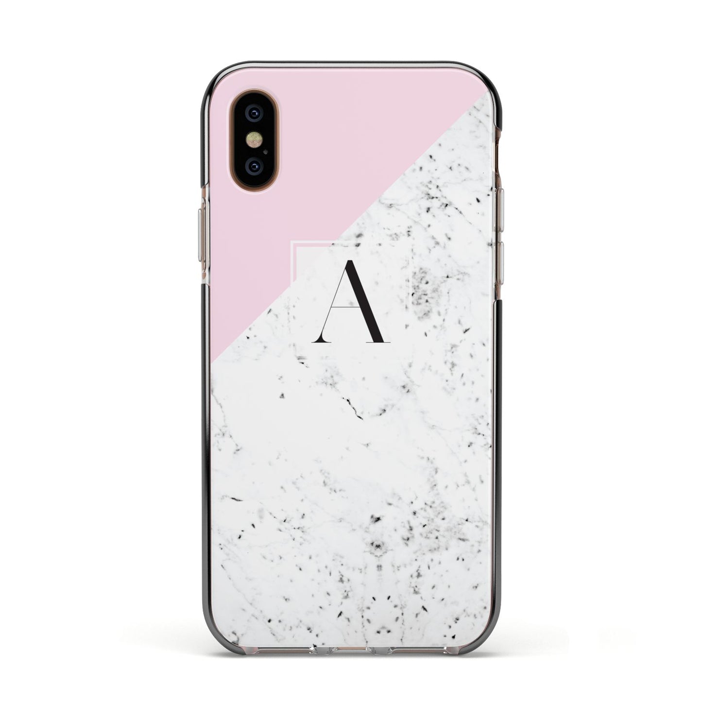 Personalised Monogram Initial Letter Marble Apple iPhone Xs Impact Case Black Edge on Gold Phone