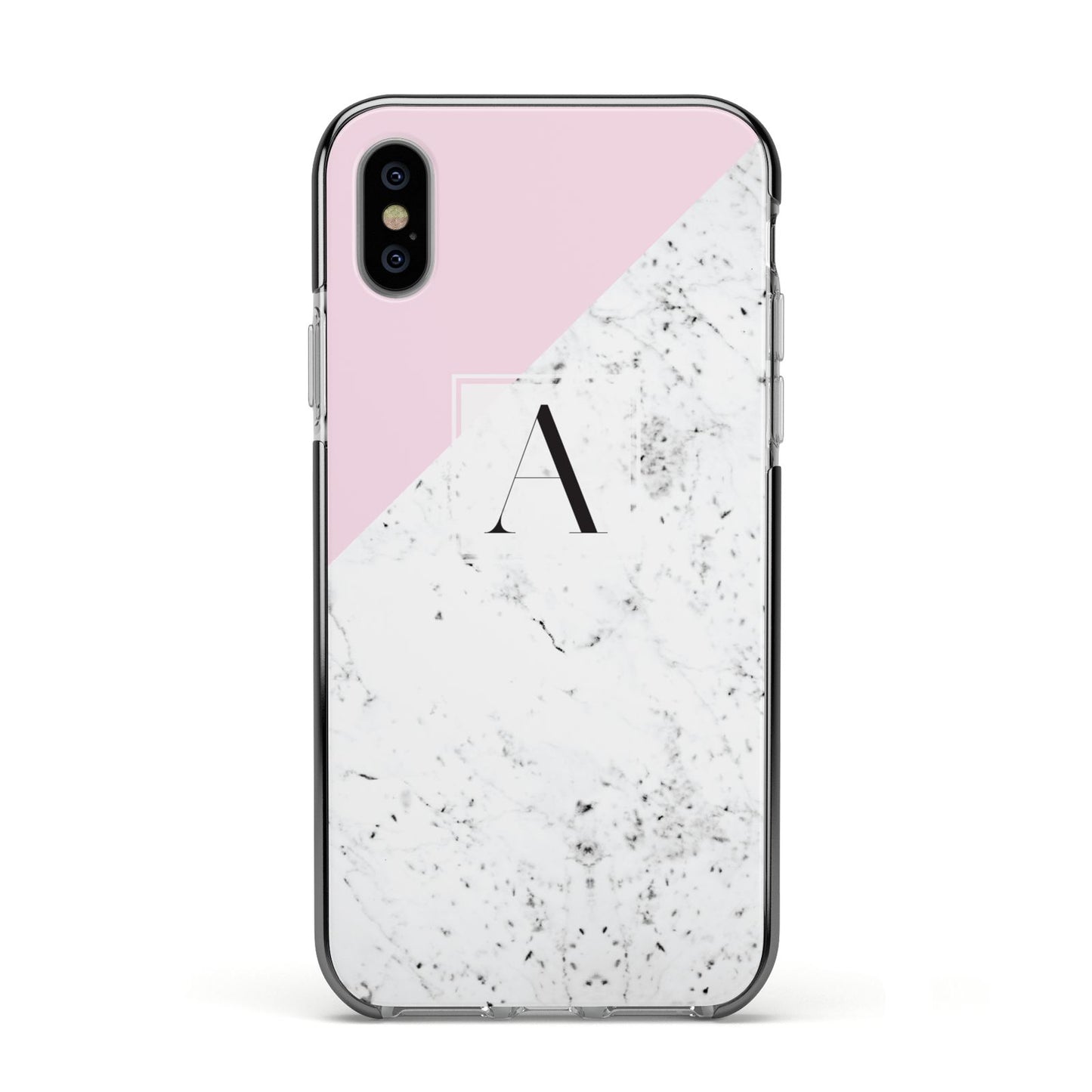 Personalised Monogram Initial Letter Marble Apple iPhone Xs Impact Case Black Edge on Silver Phone