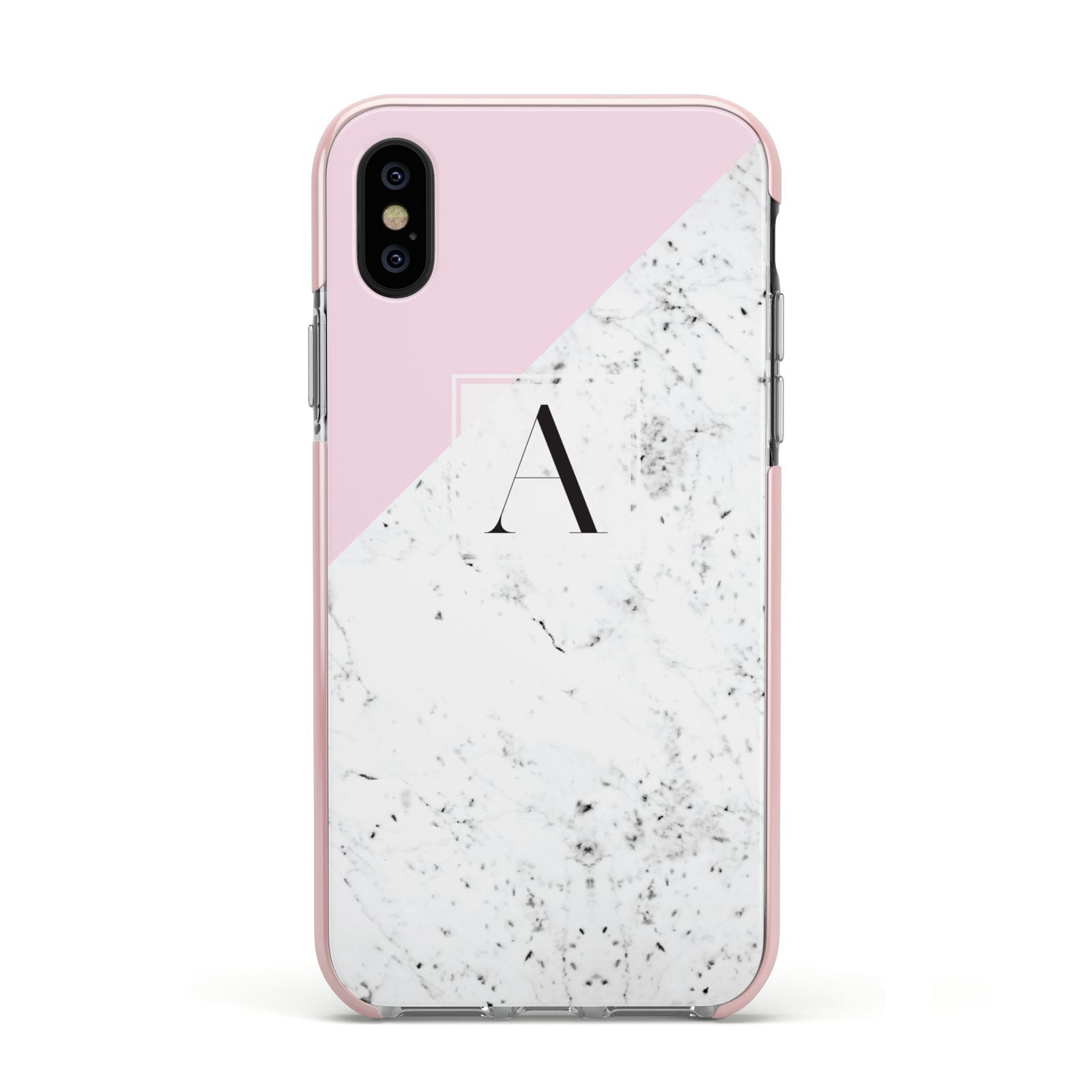 Personalised Monogram Initial Letter Marble Apple iPhone Xs Impact Case Pink Edge on Black Phone