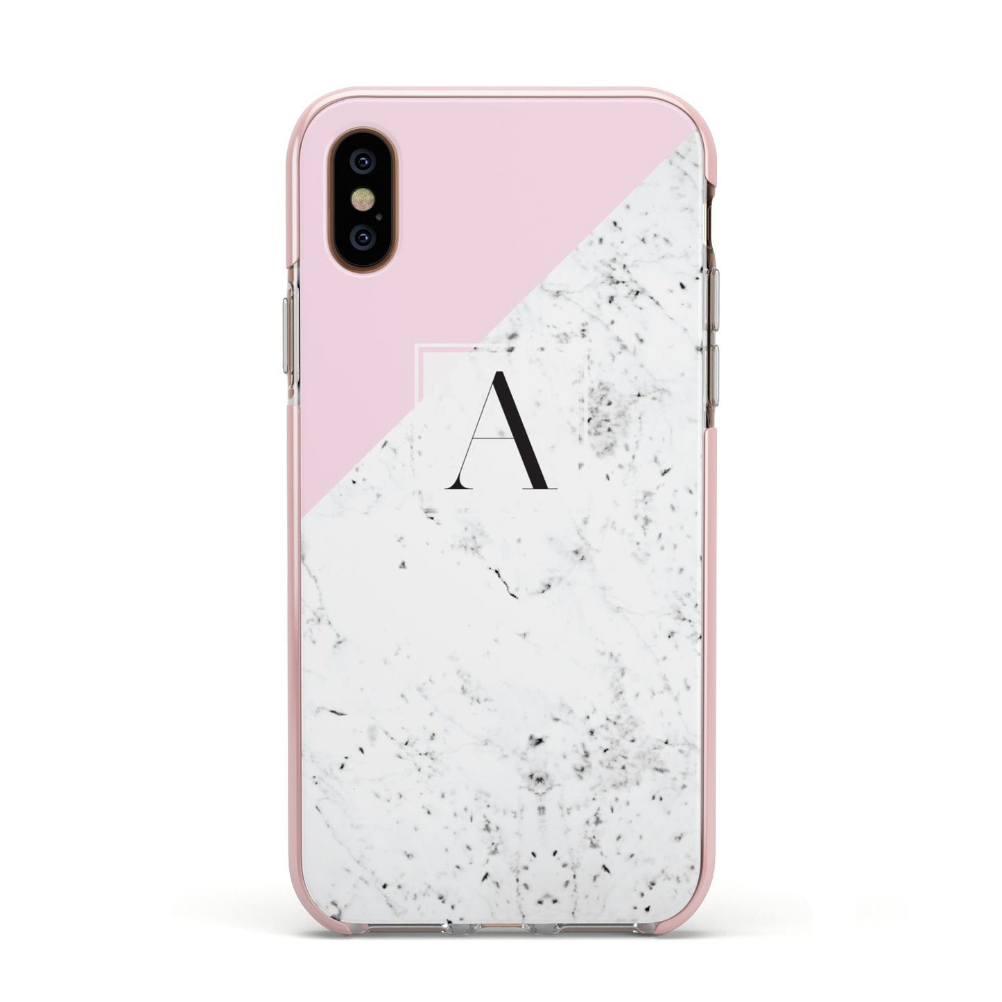 Personalised Monogram Initial Letter Marble Apple iPhone Xs Impact Case Pink Edge on Gold Phone