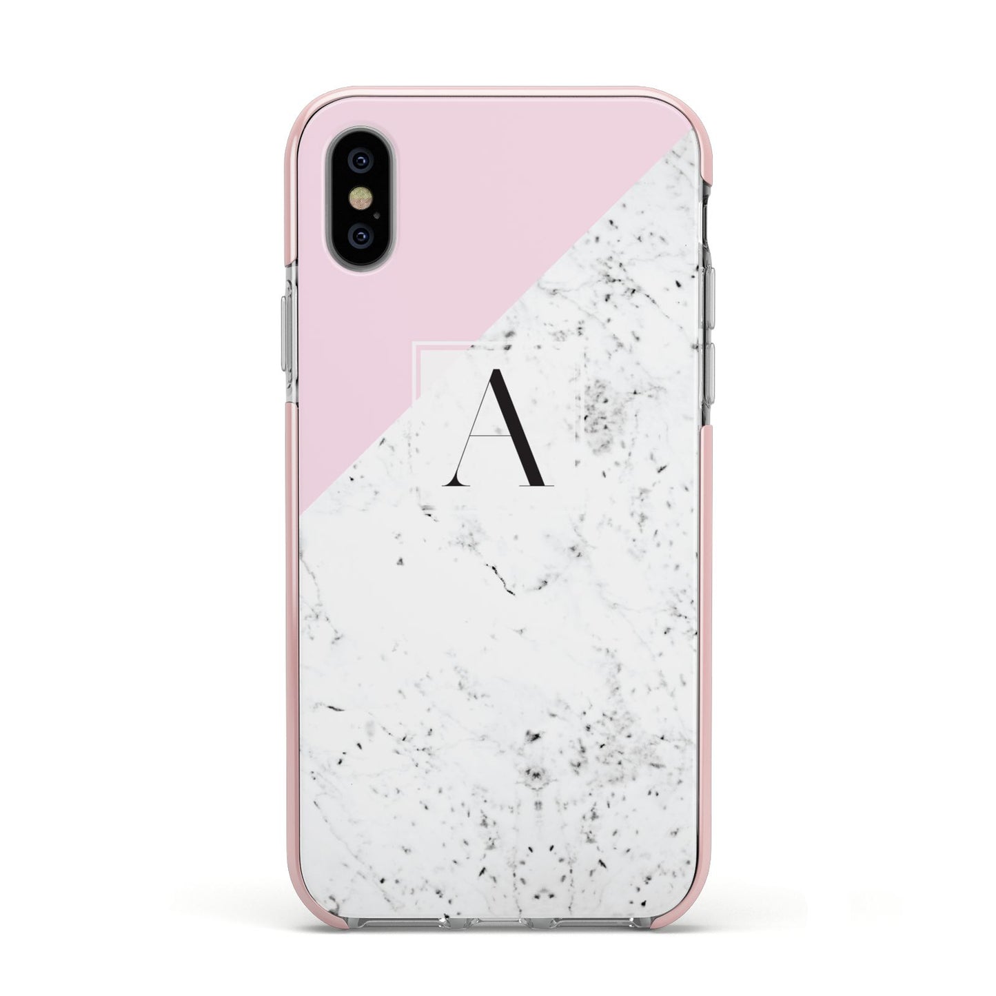 Personalised Monogram Initial Letter Marble Apple iPhone Xs Impact Case Pink Edge on Silver Phone