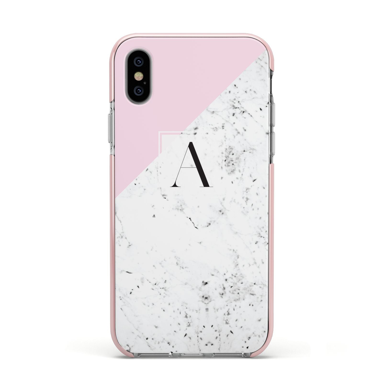 Personalised Monogram Initial Letter Marble Apple iPhone Xs Impact Case Pink Edge on Silver Phone