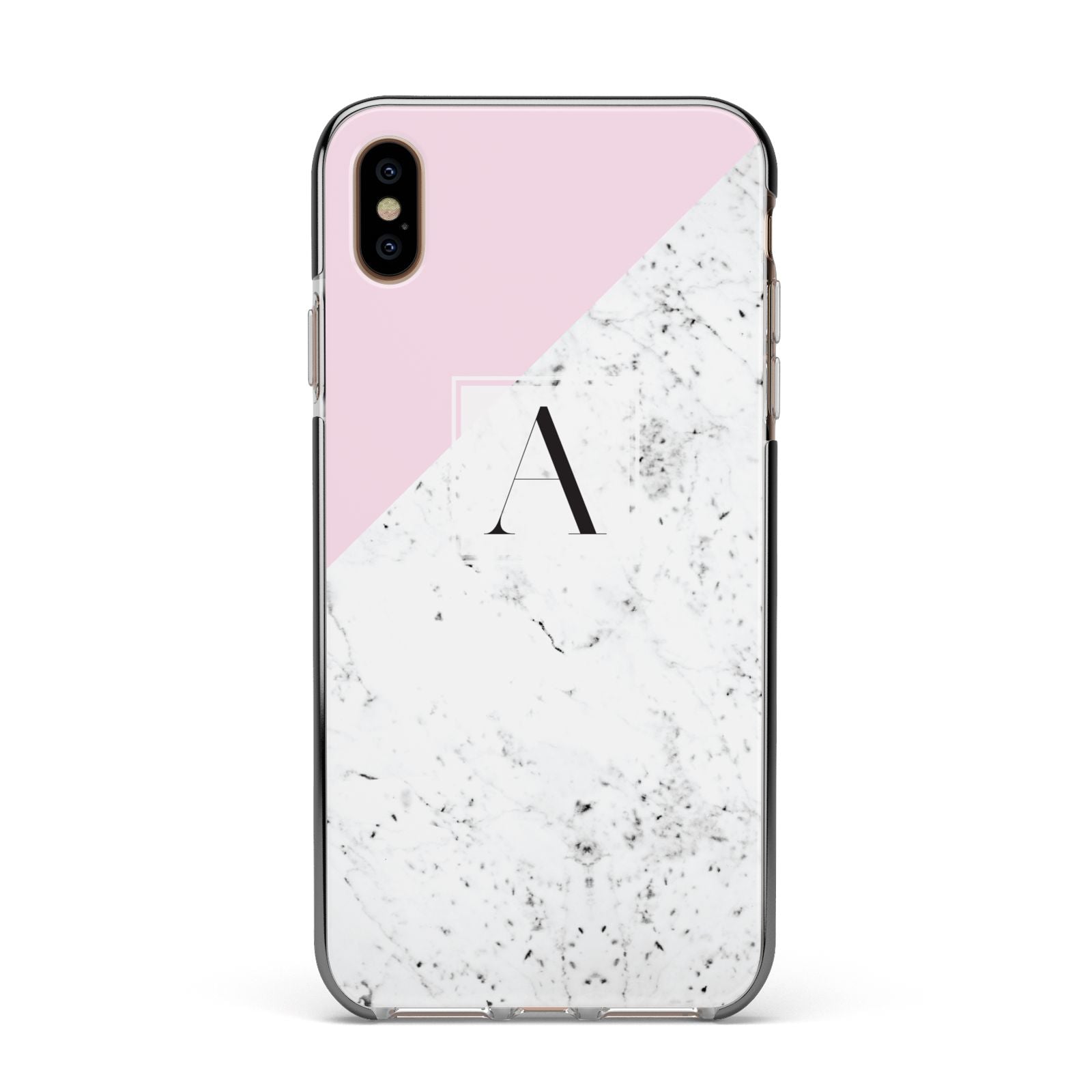 Personalised Monogram Initial Letter Marble Apple iPhone Xs Max Impact Case Black Edge on Gold Phone