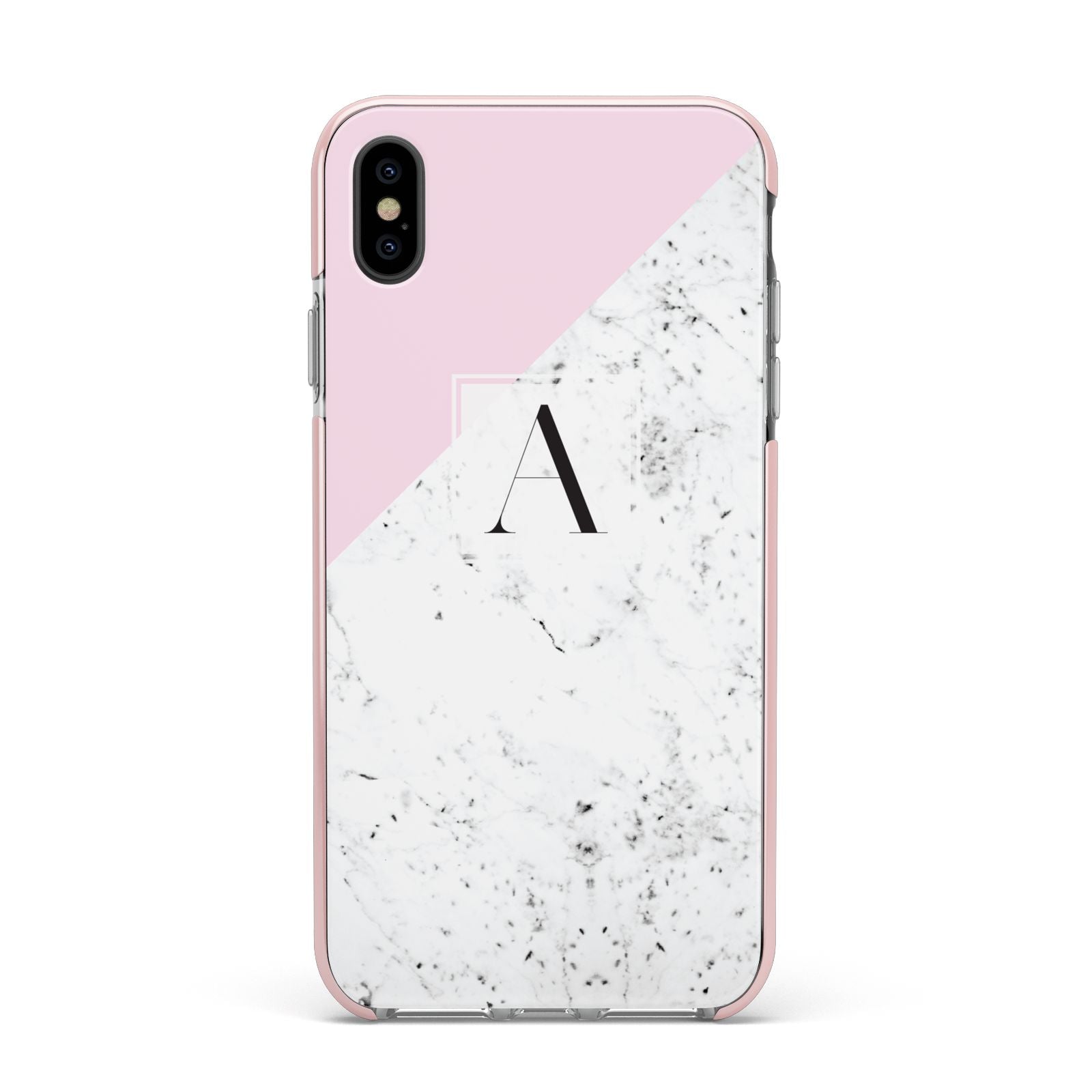 Personalised Monogram Initial Letter Marble Apple iPhone Xs Max Impact Case Pink Edge on Black Phone