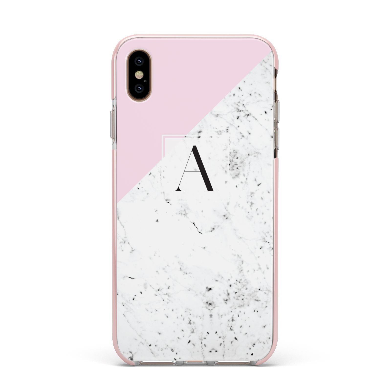 Personalised Monogram Initial Letter Marble Apple iPhone Xs Max Impact Case Pink Edge on Gold Phone