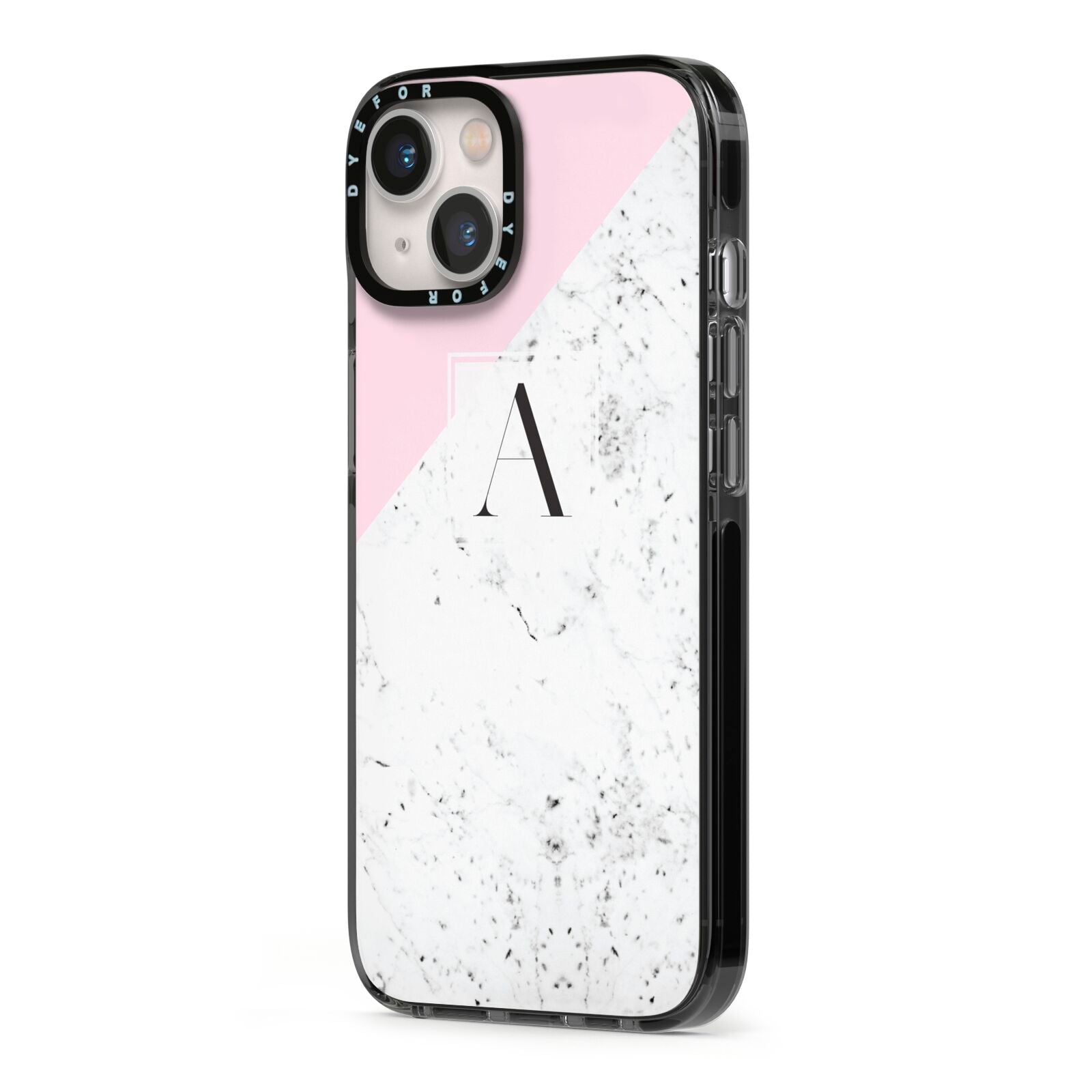 Personalised Monogram Initial Letter Marble iPhone 13 Black Impact Case Side Angle on Silver phone