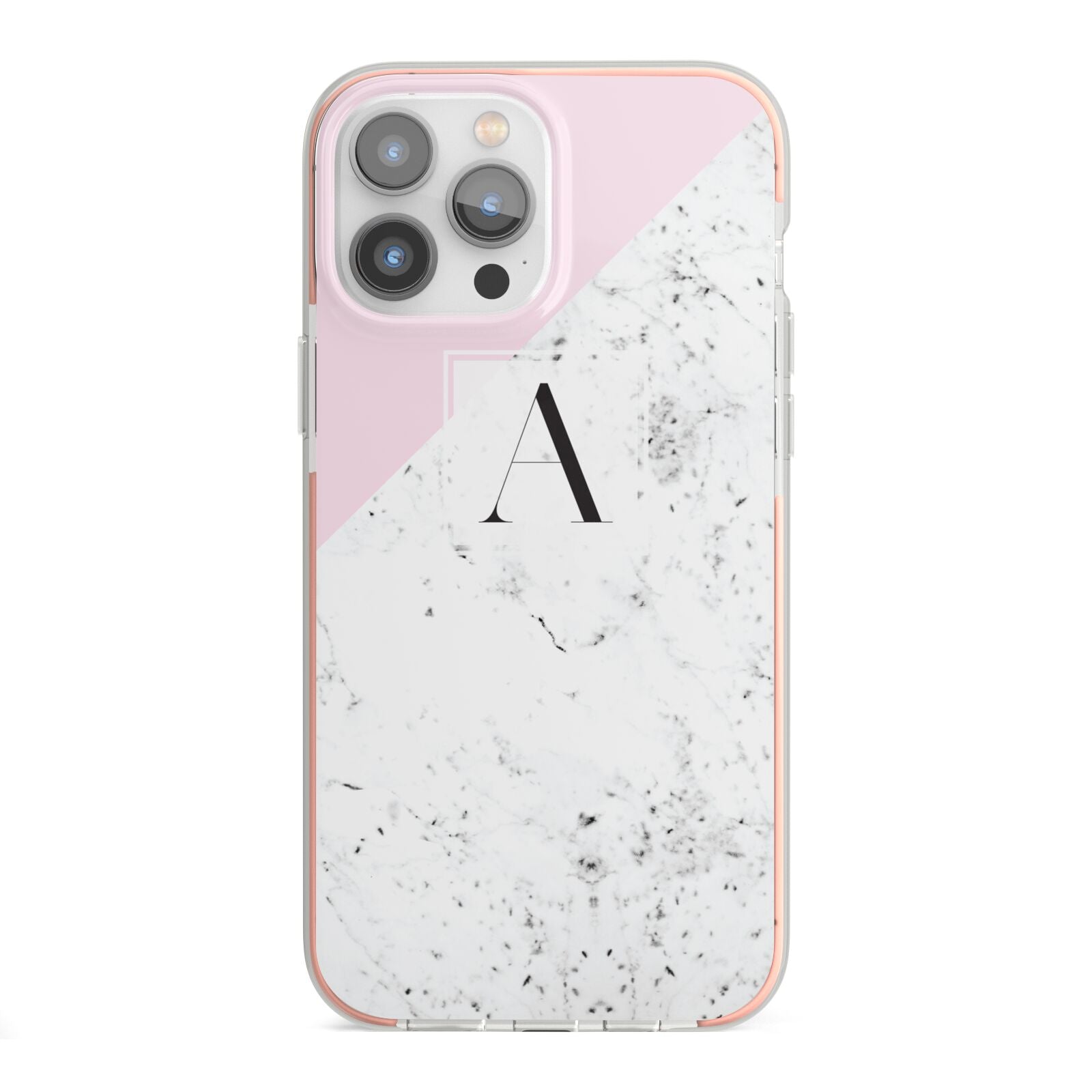 Personalised Monogram Initial Letter Marble iPhone 13 Pro Max TPU Impact Case with Pink Edges