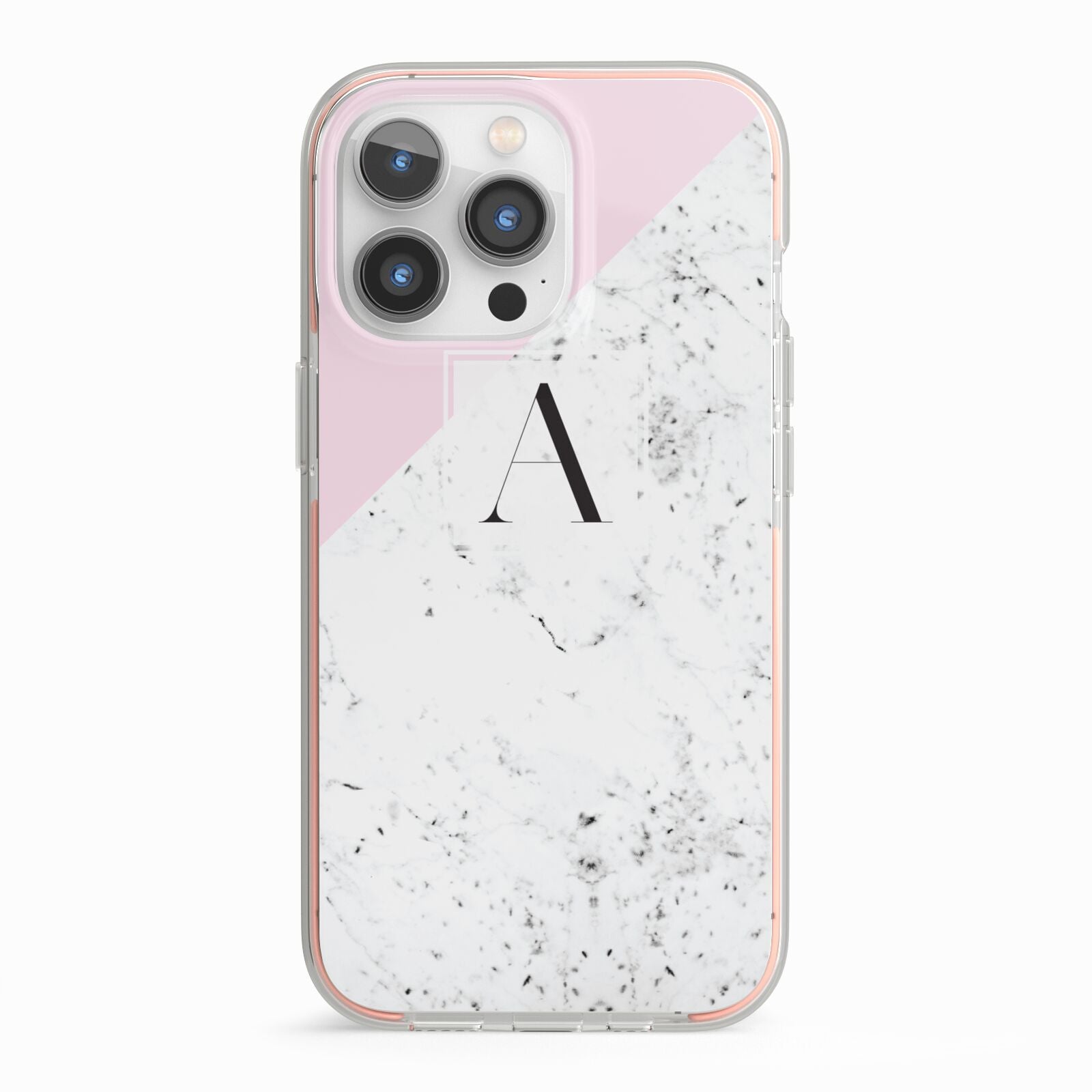 Personalised Monogram Initial Letter Marble iPhone 13 Pro TPU Impact Case with Pink Edges