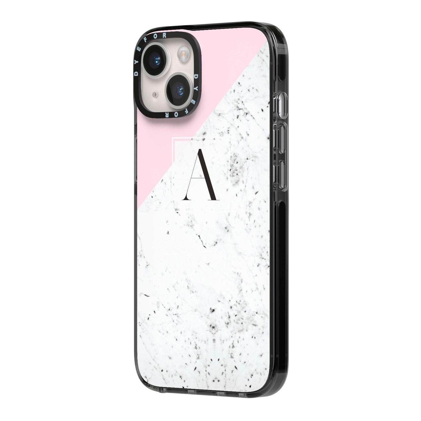 Personalised Monogram Initial Letter Marble iPhone 14 Black Impact Case Side Angle on Silver phone