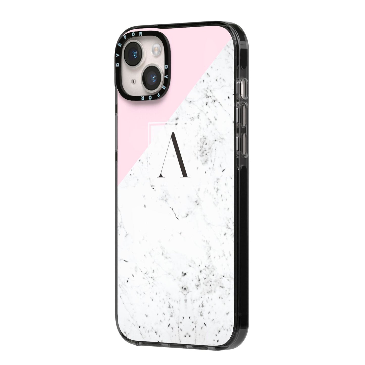 Personalised Monogram Initial Letter Marble iPhone 14 Plus Black Impact Case Side Angle on Silver phone