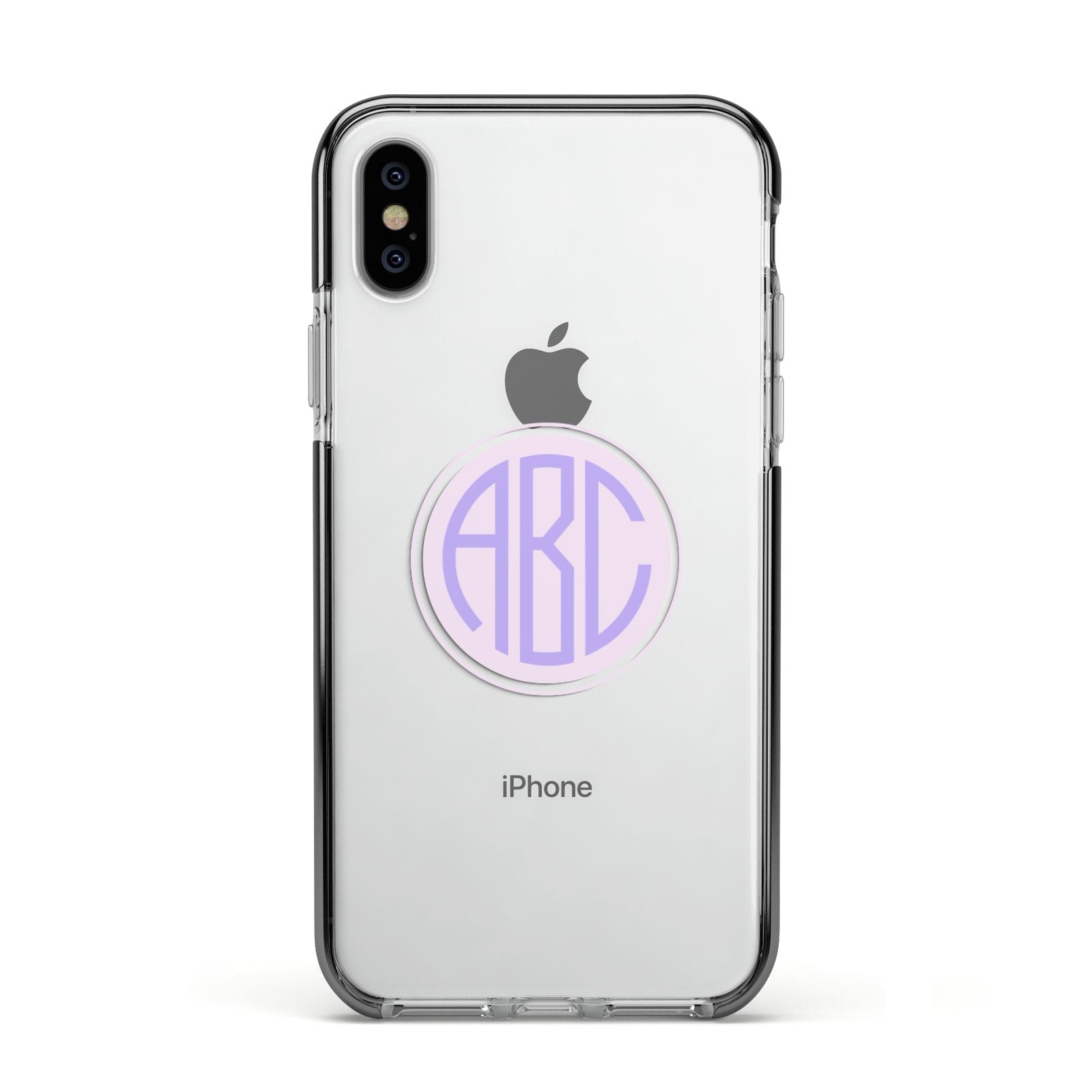 Personalised Monogram Initials Custom Clear Apple iPhone Xs Impact Case Black Edge on Silver Phone