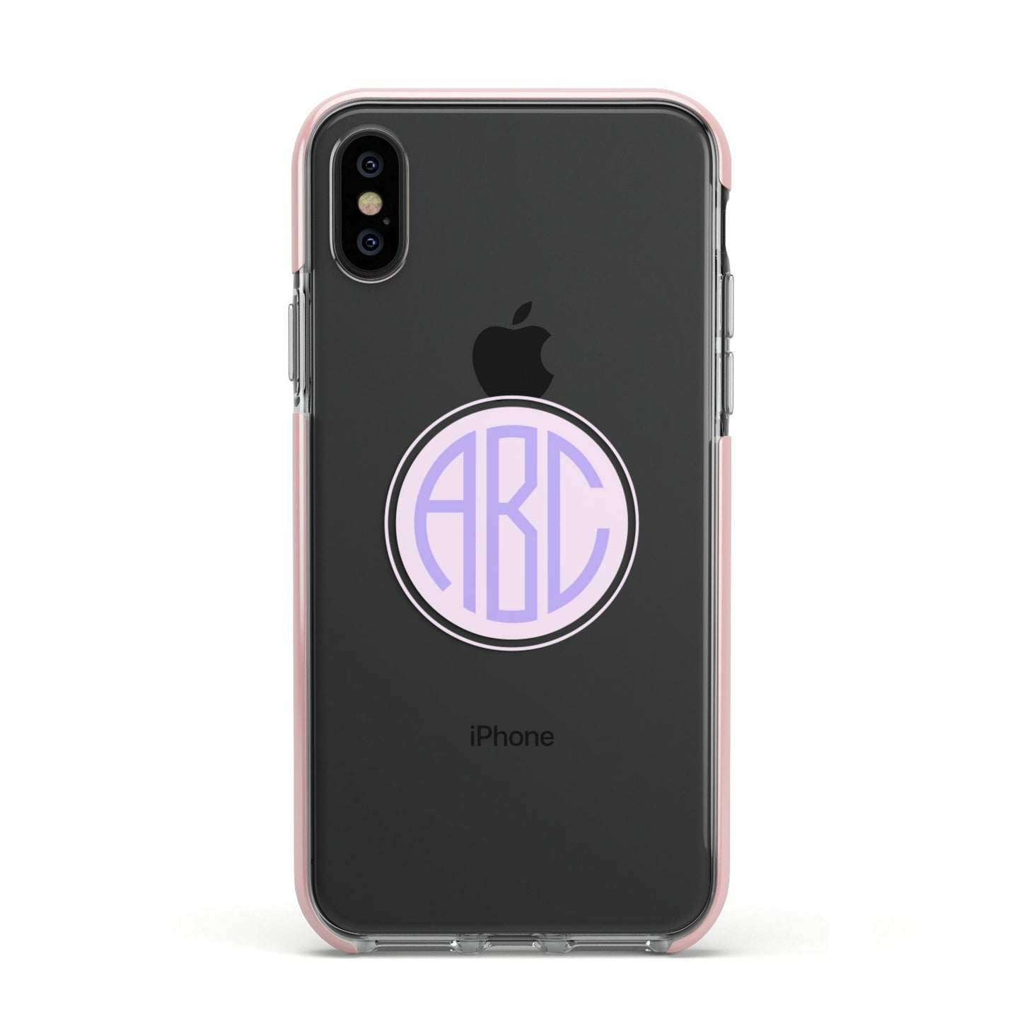 Personalised Monogram Initials Custom Clear Apple iPhone Xs Impact Case Pink Edge on Black Phone