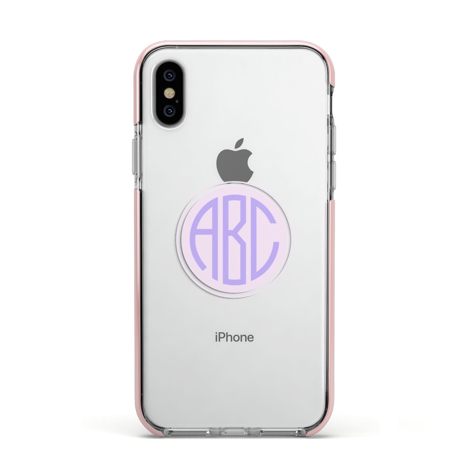 Personalised Monogram Initials Custom Clear Apple iPhone Xs Impact Case Pink Edge on Silver Phone