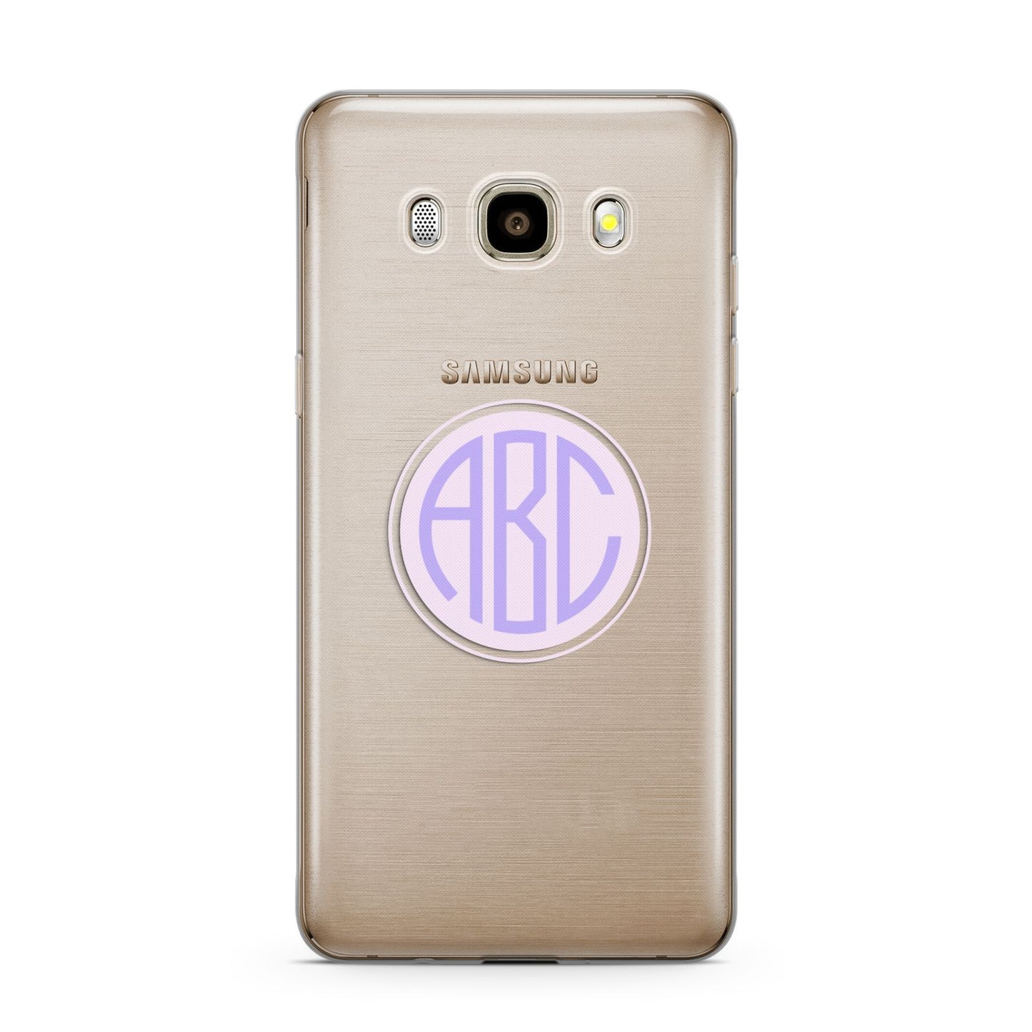 Personalised Monogram Initials Custom Clear Samsung Galaxy J7 2016 Case on gold phone