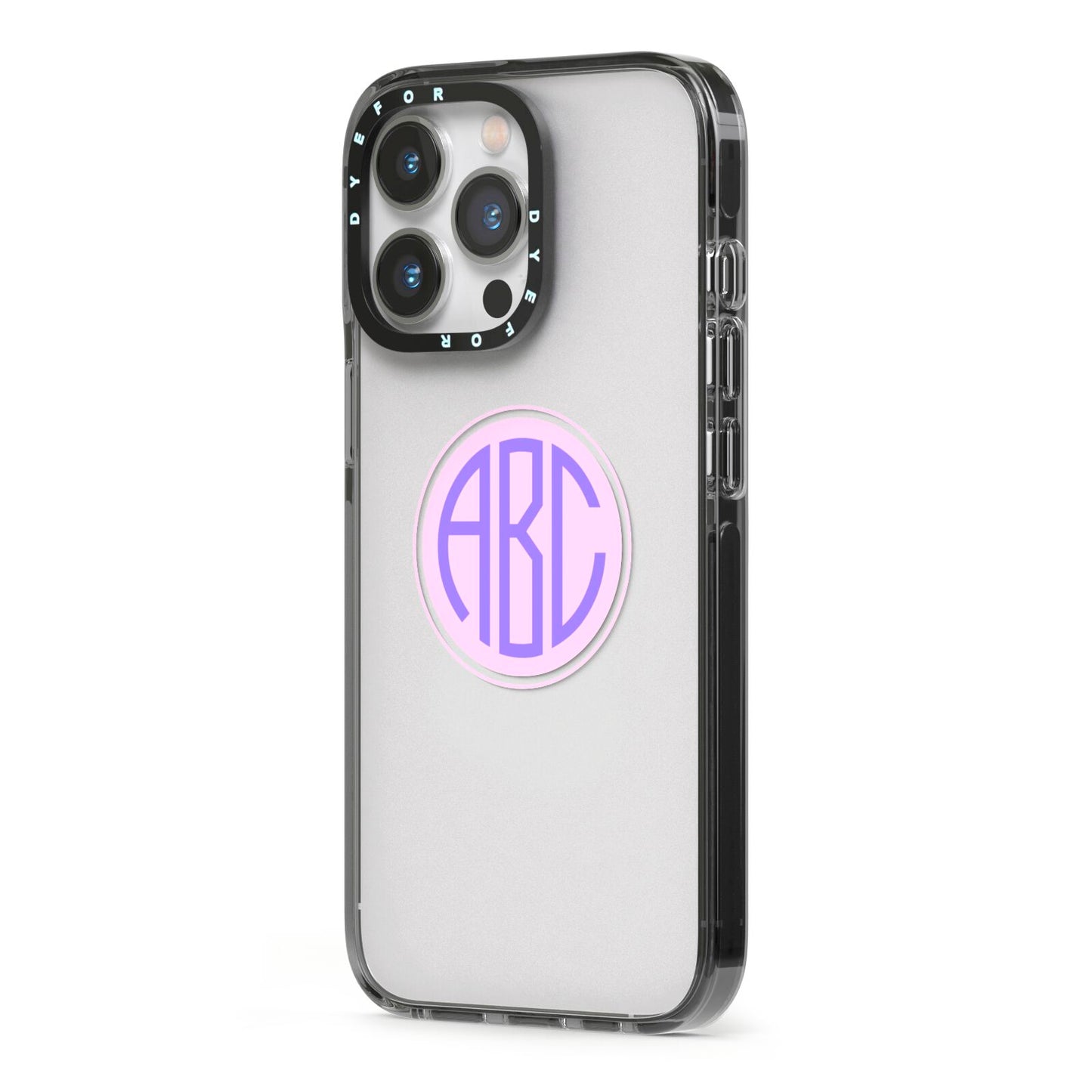 Personalised Monogram Initials Custom Clear iPhone 13 Pro Black Impact Case Side Angle on Silver phone